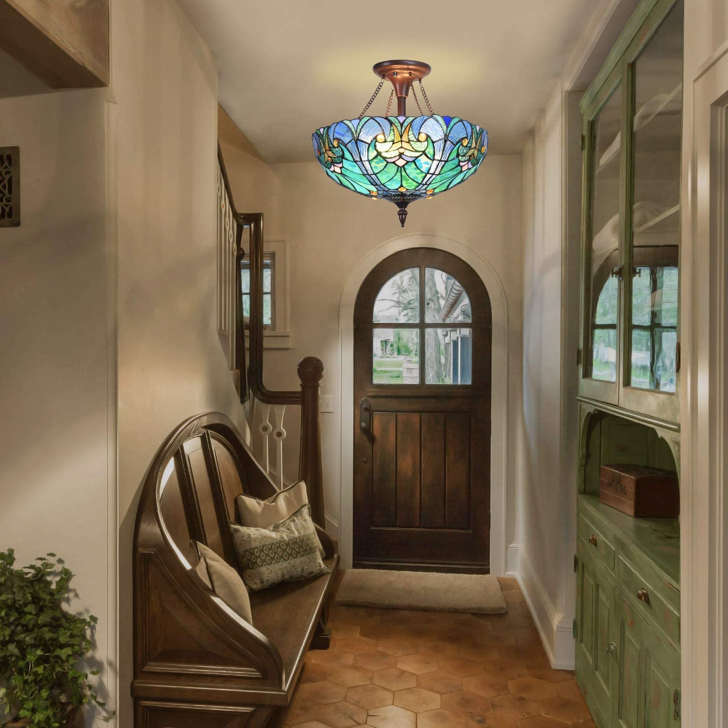 Tiffany Style Ceiling Light Fixture - 16 Inch Stained Glass Victorian Semi-Flush Mount Lamp with 2 Lights - Perfect for Hallway, Bedroom, Kitchen & Dining Room Lighting
