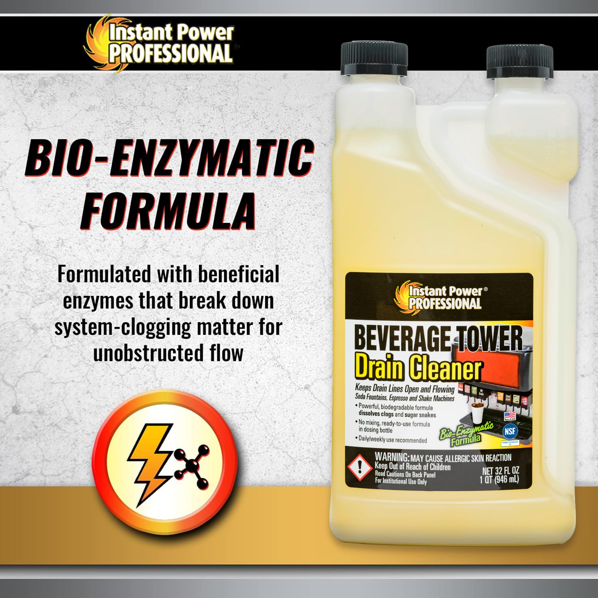 Instant Power Professional Beverage Tower Drain Cleaner - 32 Fl Oz (12 Pack) | Fast-Acting Clog Remover for Sinks, Showers & Bathtubs | Commercial & Home Use