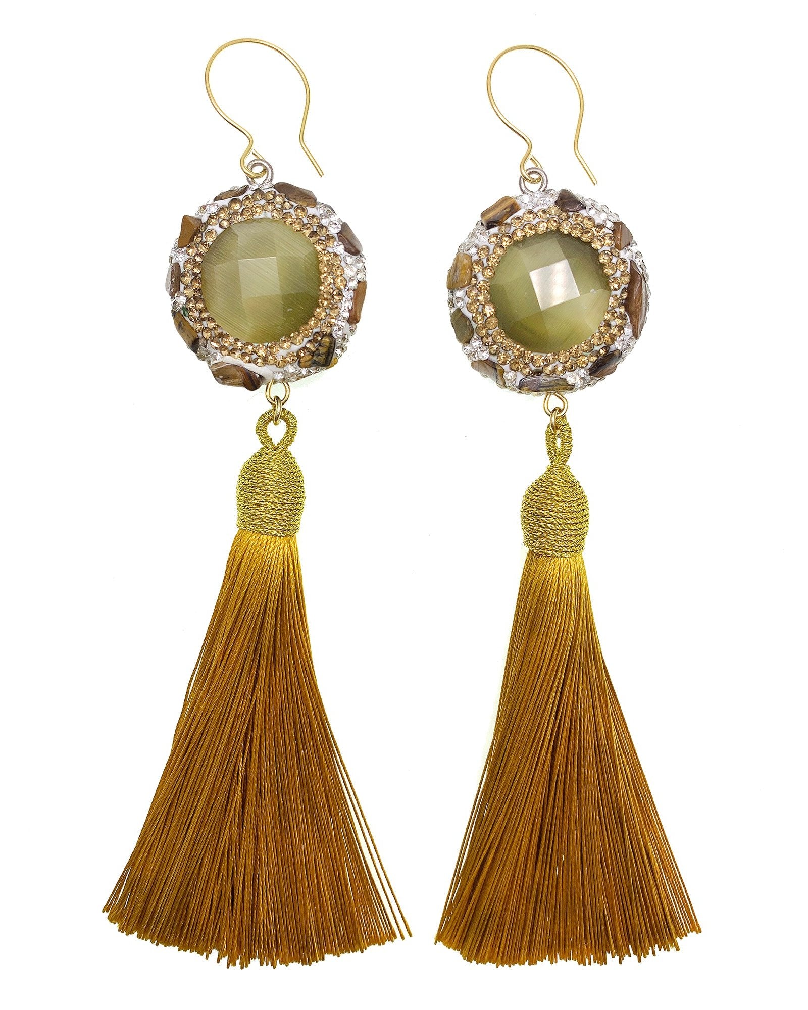 Opal and Brown Tiger Eye Rhinestone Tassel Earrings GE007 - Elegant Boho Jewelry for Women, Perfect for Parties, Weddings & Everyday Wear