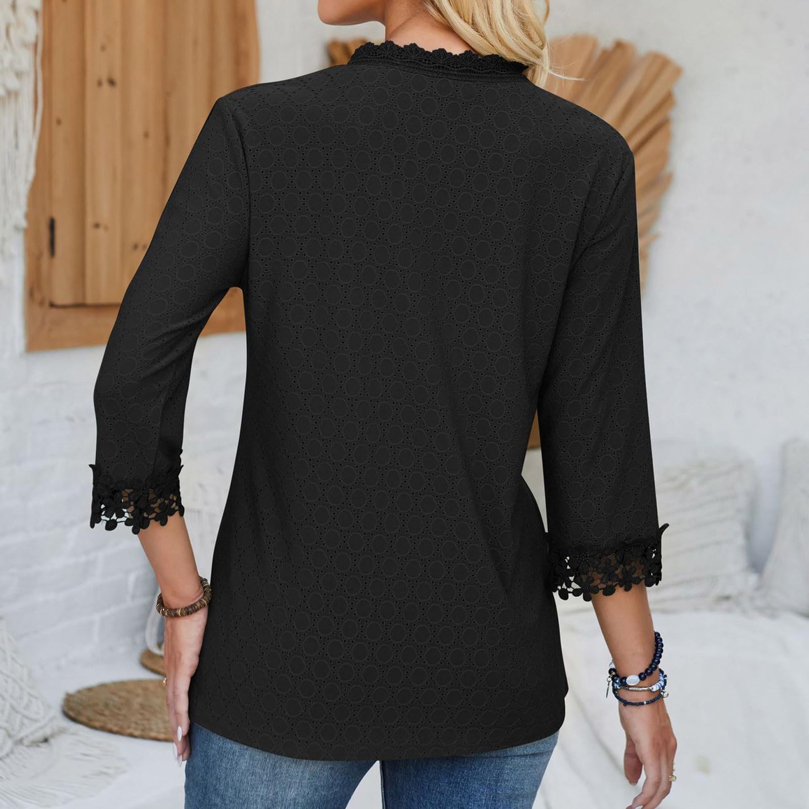 Trendy 3/4 Sleeve Lace Tops for Women - Loose Eyelet V-Neck T-Shirts & Casual Blouses - Summer Tunic Solid Shirt for Office, Date Night & Weekend Outfits