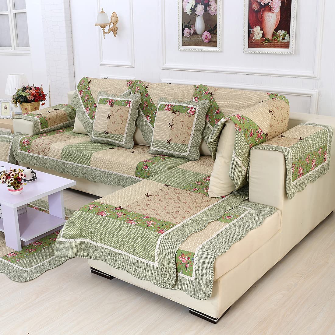 VCTOPS Bohemian Cotton Quilted Sectional Sofa Cover with Lace Trim - Floral Plaid Patchwork Couch Protector, Non-Slip & Ultra Soft Slipcover for Pets & Kids (Green, 36x36 Inches) - Perfect for Living Room, Bedroom & Home Decor