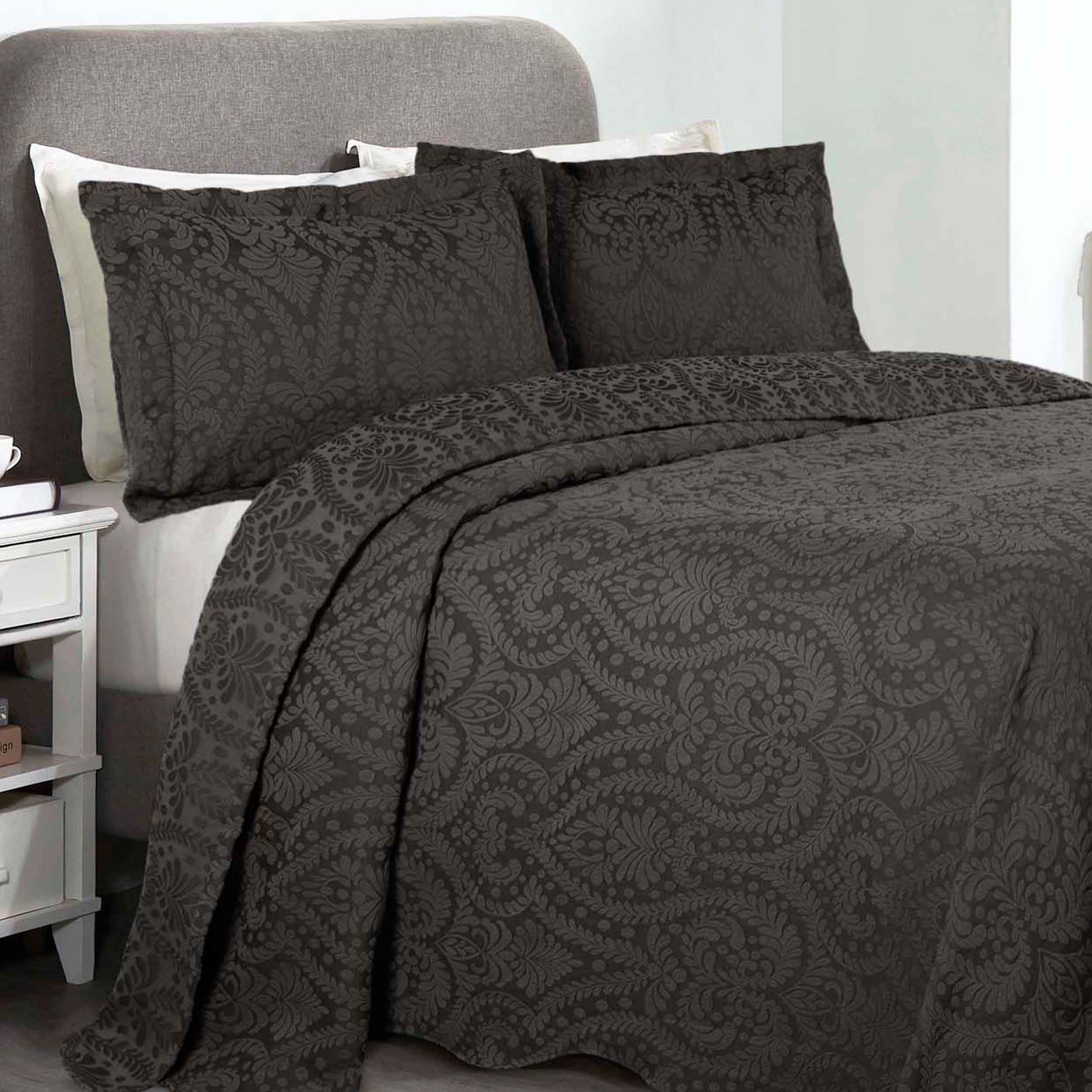 Premium Aspen Cotton Blend Jacquard Woven Floral Bedspread Set with Scalloped Edges - Queen Size Luxury Bedding for Master Bedroom & Guest Room Decor