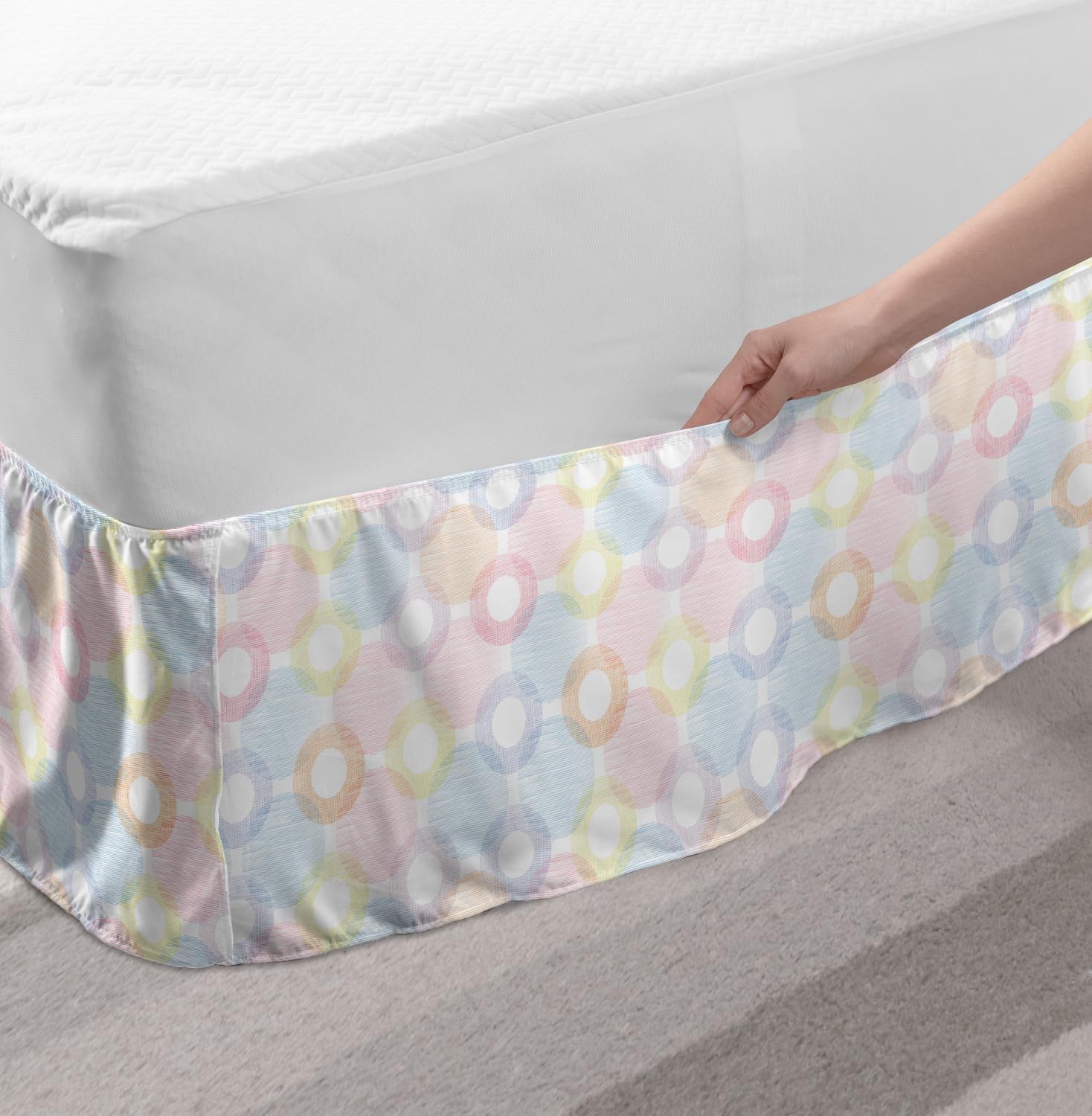 Ambesonne Pastel Bed Skirt with Geometric Ring & Dot Design - Elastic Wrap Around Dust Ruffle for Queen Size Beds - Soft Feminine Bedding Decor for Master Bedroom, Guest Room & Nursery
