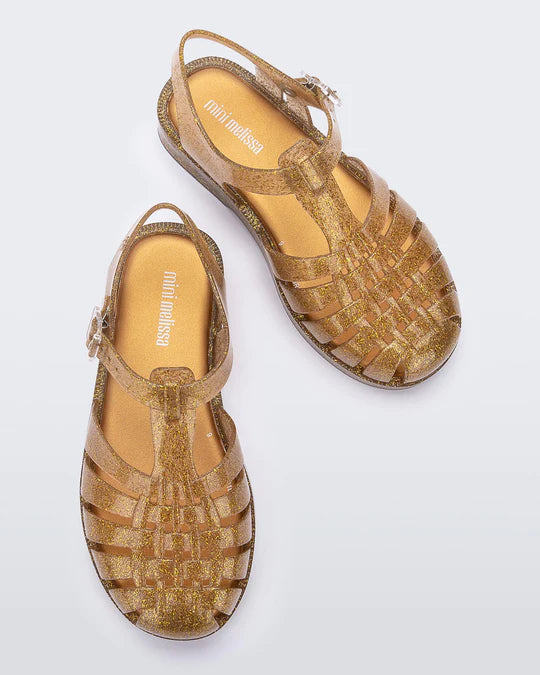 Mini Melissa Gold Glitter Gladiator Sandals for Girls - Sparkly Comfortable Kids' Fashion Footwear | Perfect for Parties, Playdates & Summer Outfits