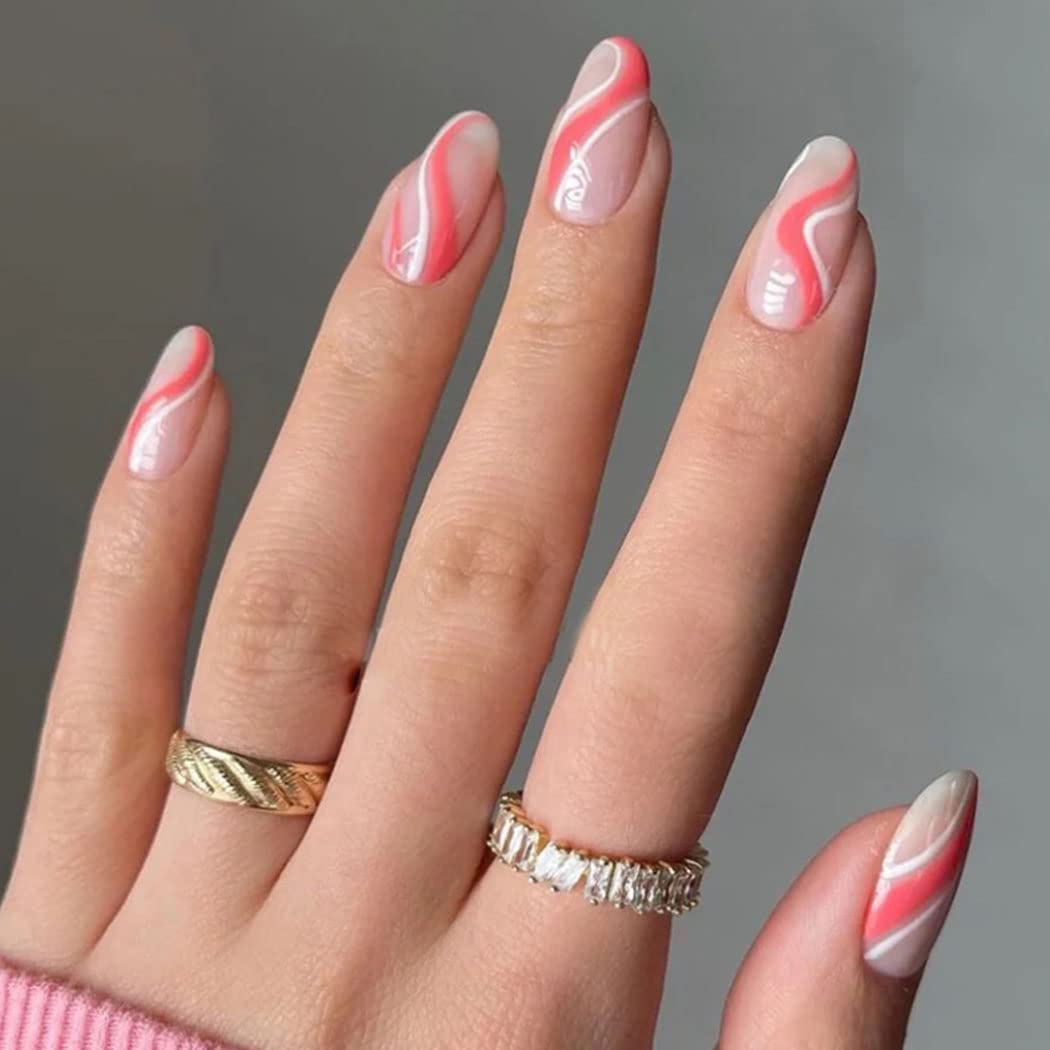 Elegant Abstract Line Press on Nails - Almond Medium French Fake Nails with Glossy Pink Design - 24Pcs Full Cover Artificial Nails for Women & Girls - Perfect for Parties, Weddings, and Daily Fashion