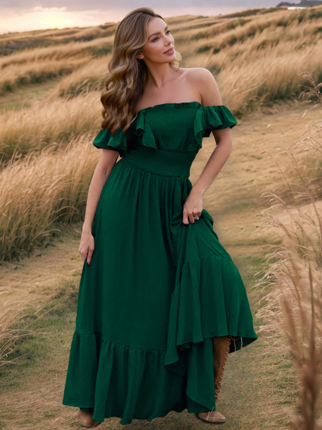 Elegant Ruffled Square Neck Maxi Beach Dress for Women - Flowy Summer Vacation Dress for Beach, Pool, and Resort Wear