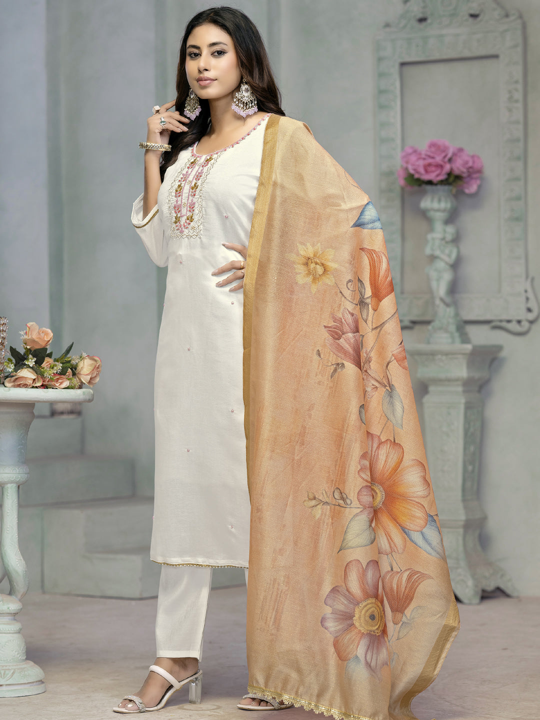 Elegant Cream Designer Pant Suit with Printed Embroidery Work - Perfect for Weddings, Parties & Formal Events