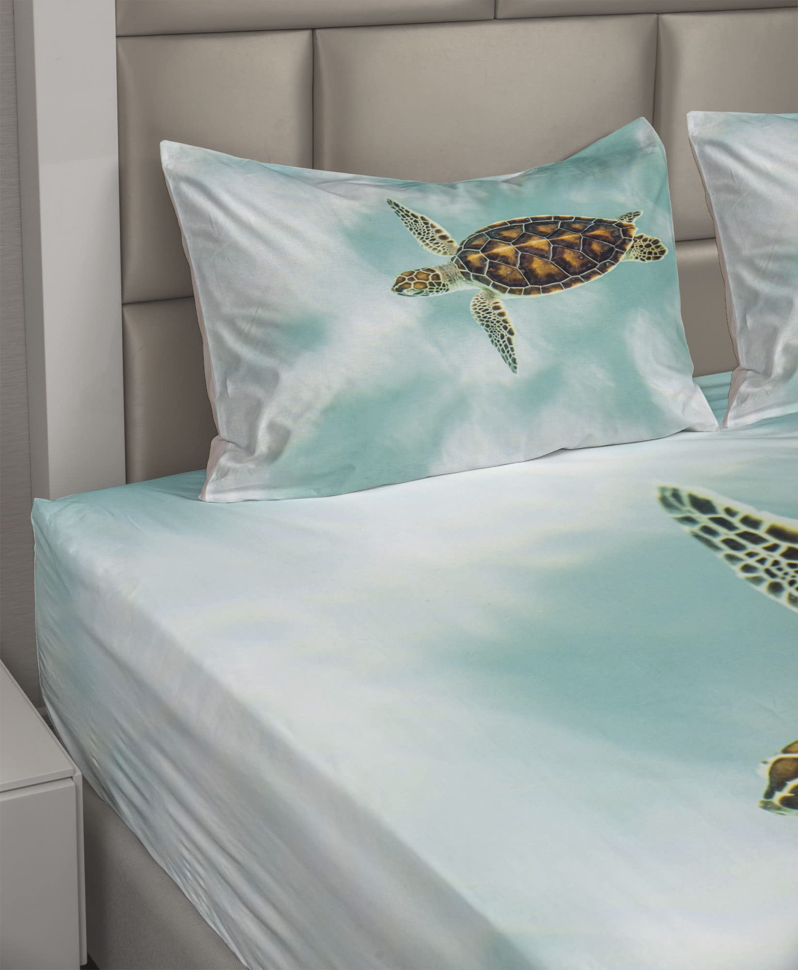 Ambesonne 4-Piece Turtle Sheet Set - King Size, Pale Coffee Seafoam - Abstract Turtle Swimming in Serene Waters Design - Fitted & Flat Sheet with Pillowcases - Perfect for Coastal, Nautical or Nature-Themed Bedrooms - Soft & Breathable Bedding for Ultimate Comfort