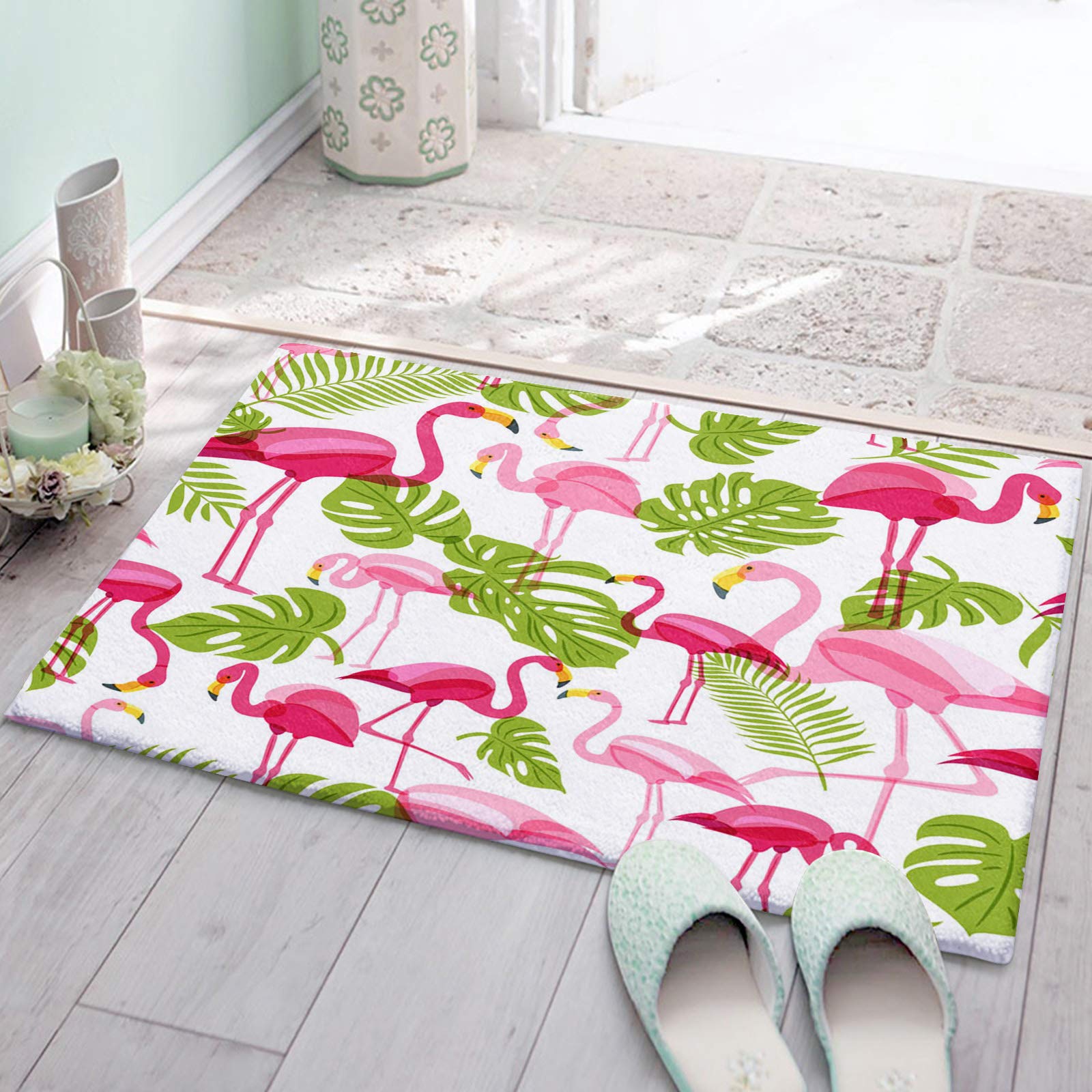 Pink Flamingo Bath Mat - Super Soft Plush Microfiber Non-Slip Shower Rug with Green Leaves Design, Ultra Absorbent Shaggy Bathroom Floor Mat (20