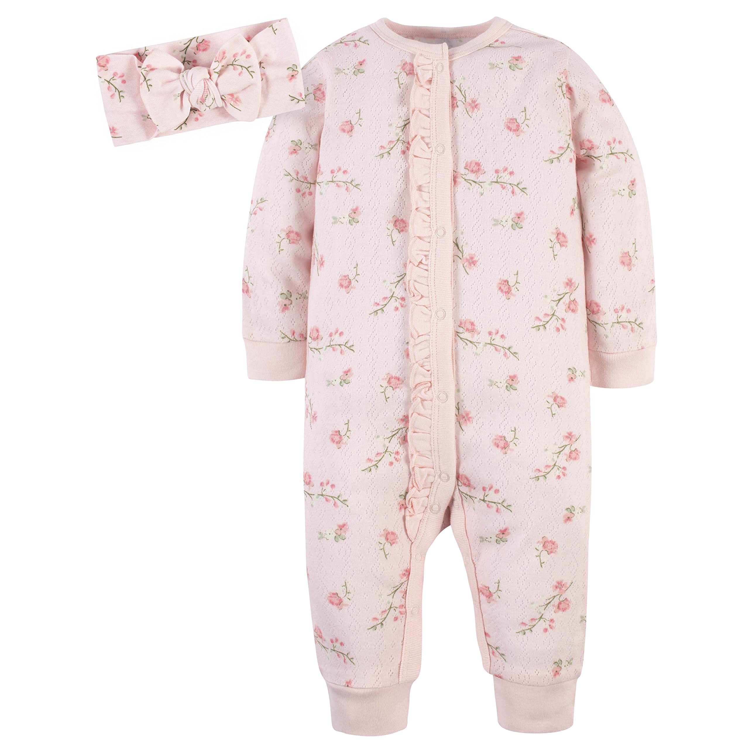 Gerber Baby Girls' 4-Piece Coveralls & Headband Sets - Leopard & Floral Print Outfits for 0-3 Months | Soft Cotton Infant Romper & Headband Combo for Newborn Photo Shoots, Playdates & Special Occasions