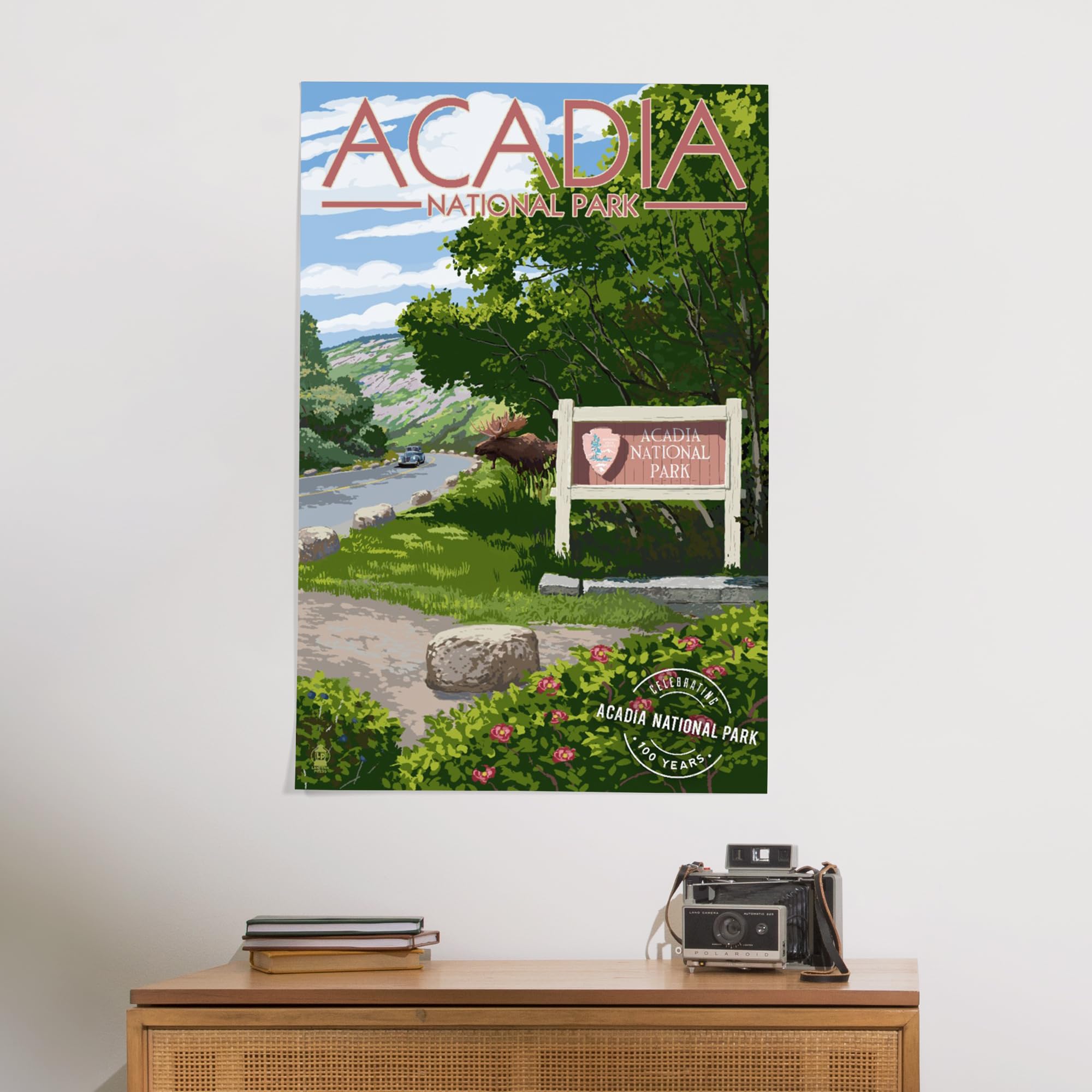 Lantern Press 24x36 Inch Giclee Art Print - Acadia National Park Wall Decor with Park Entrance Sign & Moose Design - Centennial Rubber Stamp Style - Perfect for Living Room, Bedroom or Office Decor