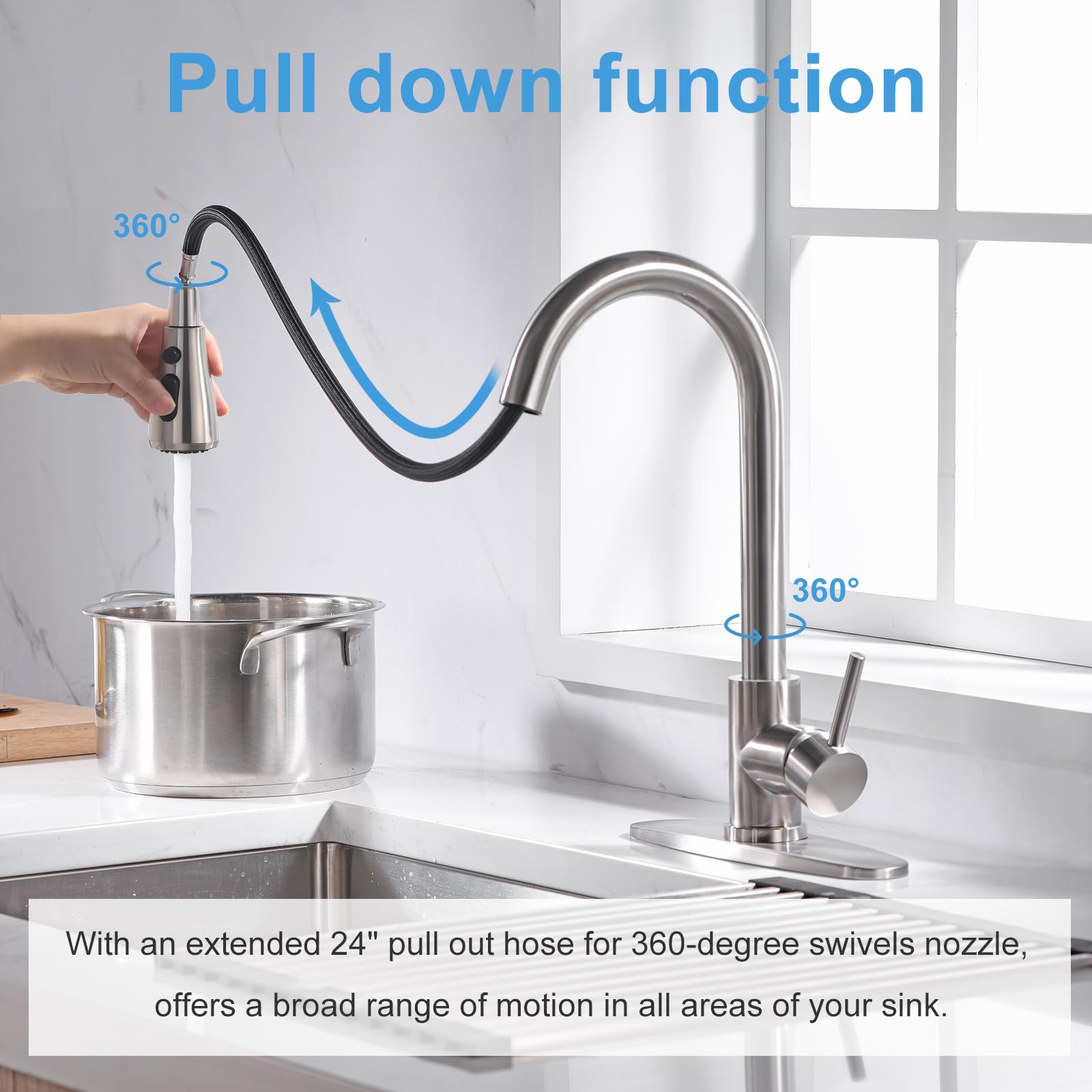 Stainless Steel Pull Down Sprayer Kitchen Faucet - Brushed Nickel High Arc Single Handle Single Hole Sink Faucet with 3/8” to 1/2” Adapter & 10
