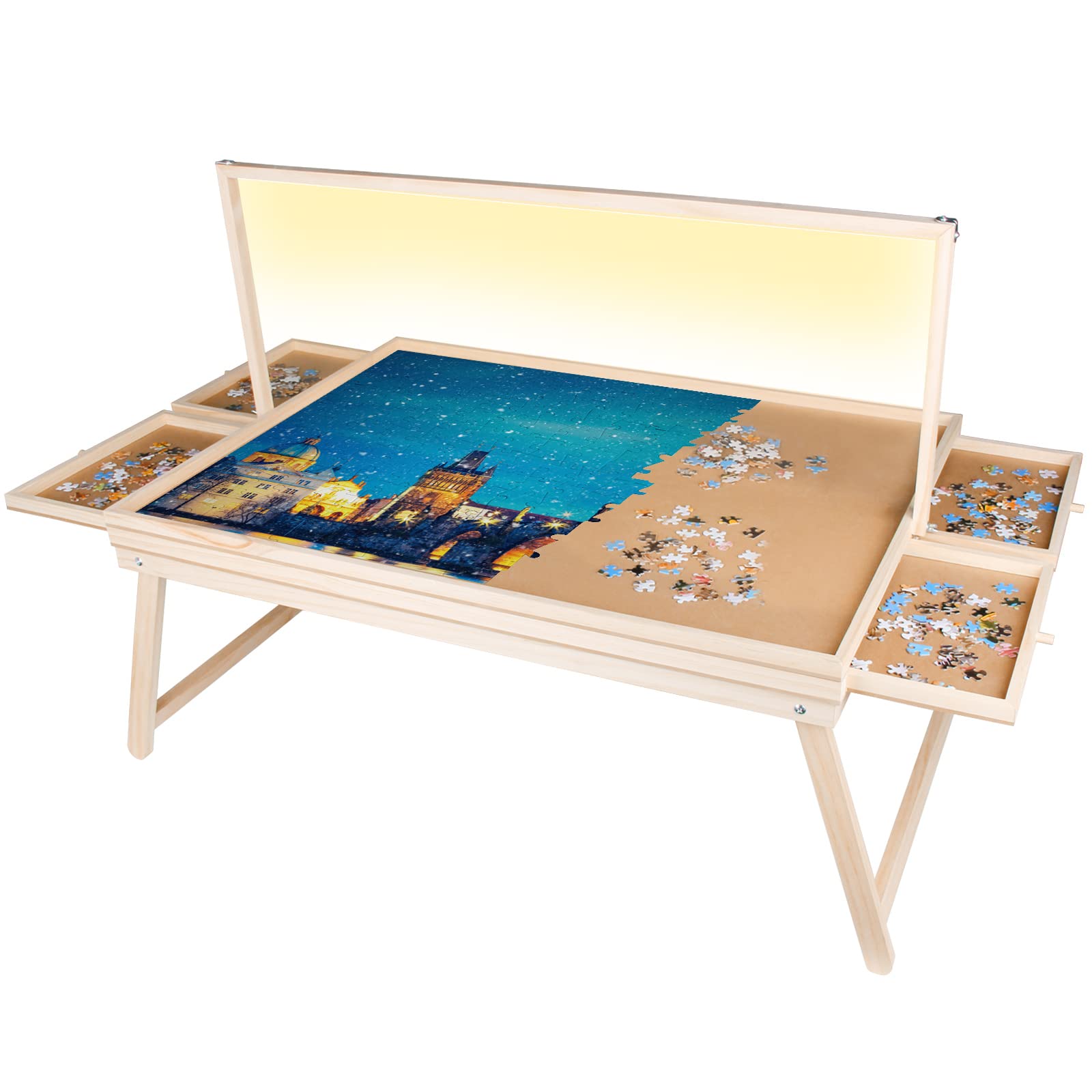 LED Illuminated Wooden Puzzle Board with Folding Legs - Portable Jigsaw Puzzle Table with Storage Drawers & Cover - 500 Piece Puzzle Tray for Adults & Kids - Perfect for Family Game Nights, Travel, and Home Decor