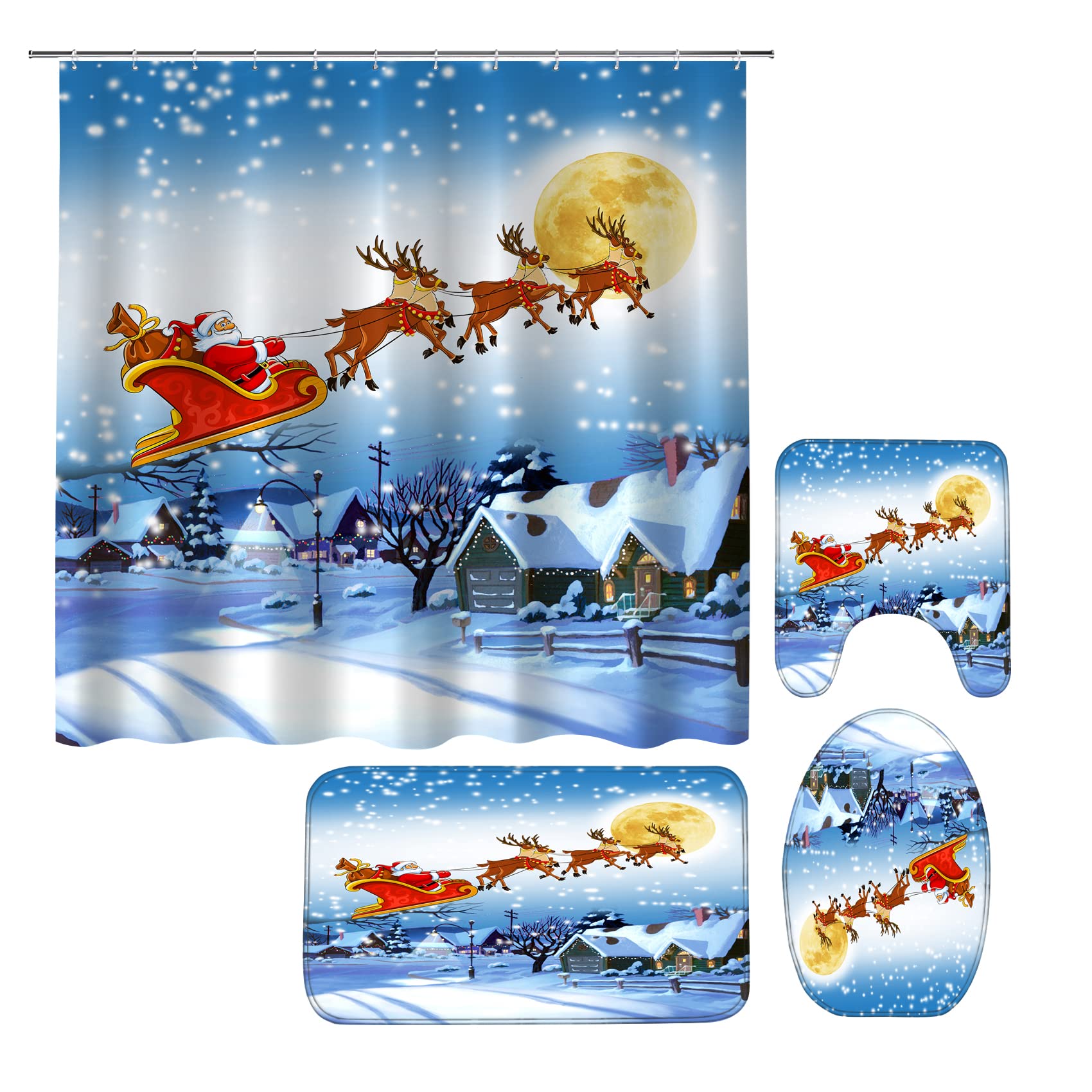 AZHM Christmas Shower Curtain Set - 4 Piece Waterproof Bathroom Decor with Non-Slip Rug, Toilet Lid Cover & Bath Mat - Elk Design Holiday Shower Curtain with 12 Hooks - Perfect Xmas Gift for Home Decor & Holiday Bathroom Upgrade