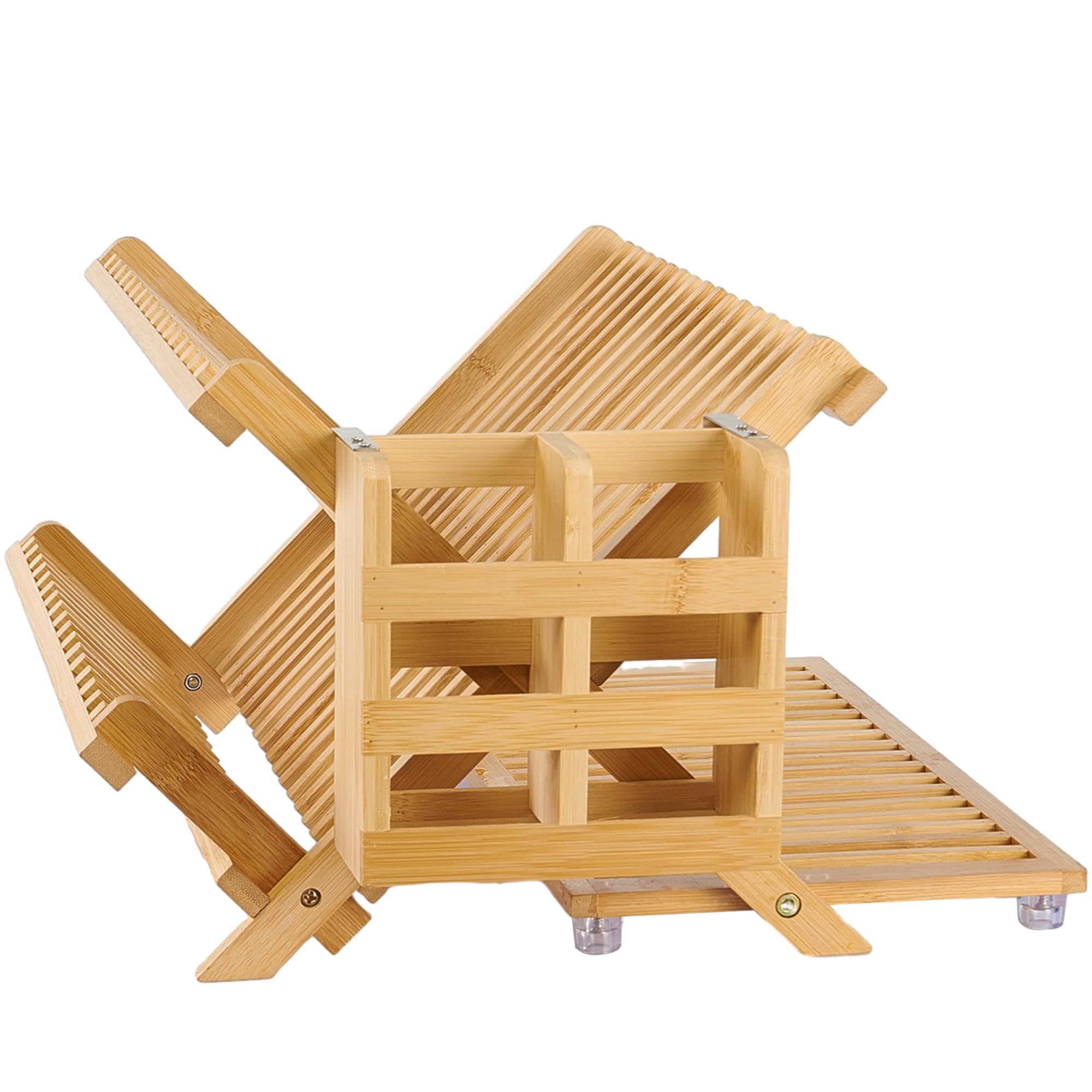Bamboo Dish Drying Rack with Utensil Holder | 3-Tier Large Collapsible Wooden Dish Drainer | Space-Saving Kitchen Counter Organizer | Perfect for Drying Plates, Cups & Utensils After Washing