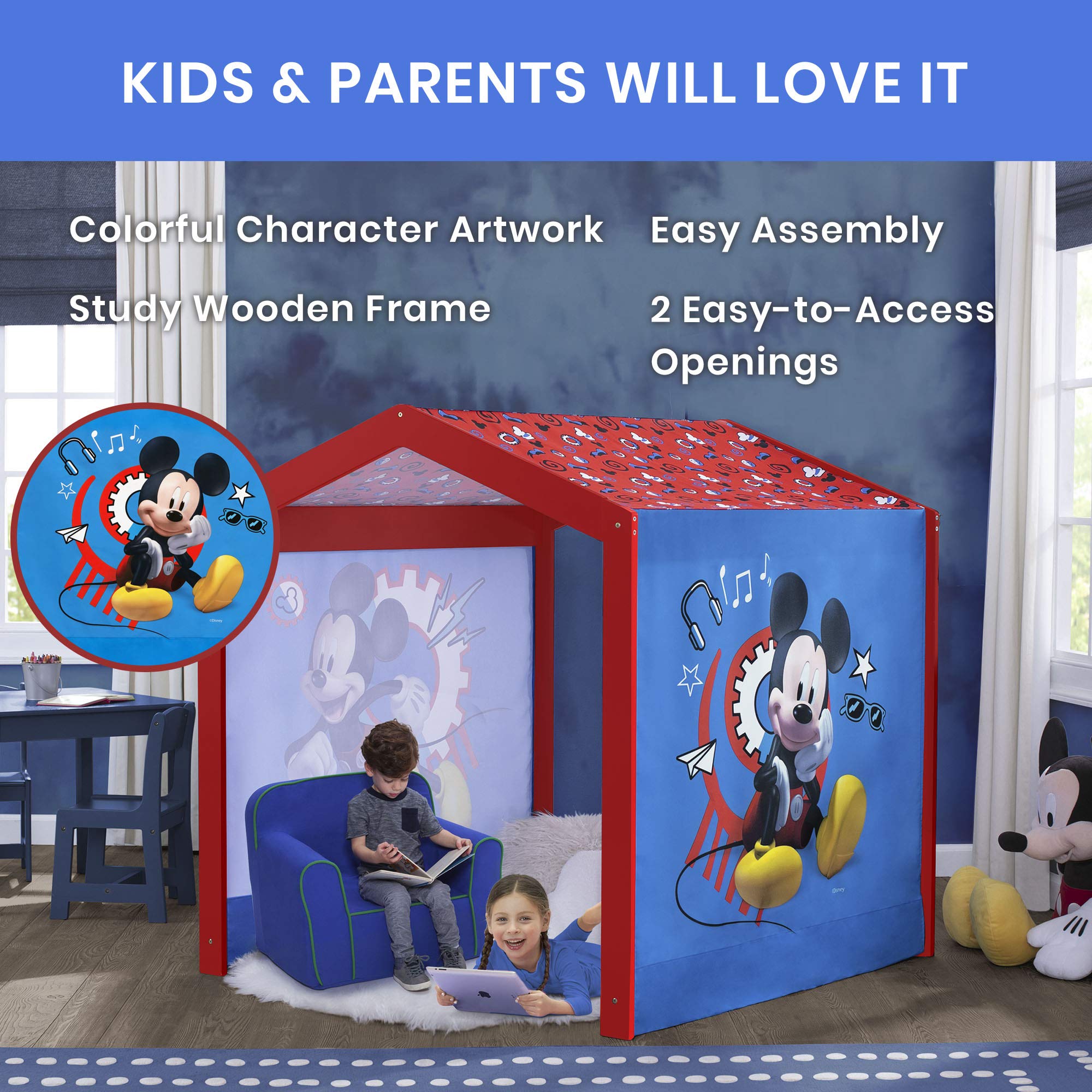 Disney Mickey Mouse Indoor Playhouse with Fabric Tent & MySize Wood Toddler Bed by Delta Children - White - Perfect for Kids' Bedroom, Playroom & Indoor Playtime