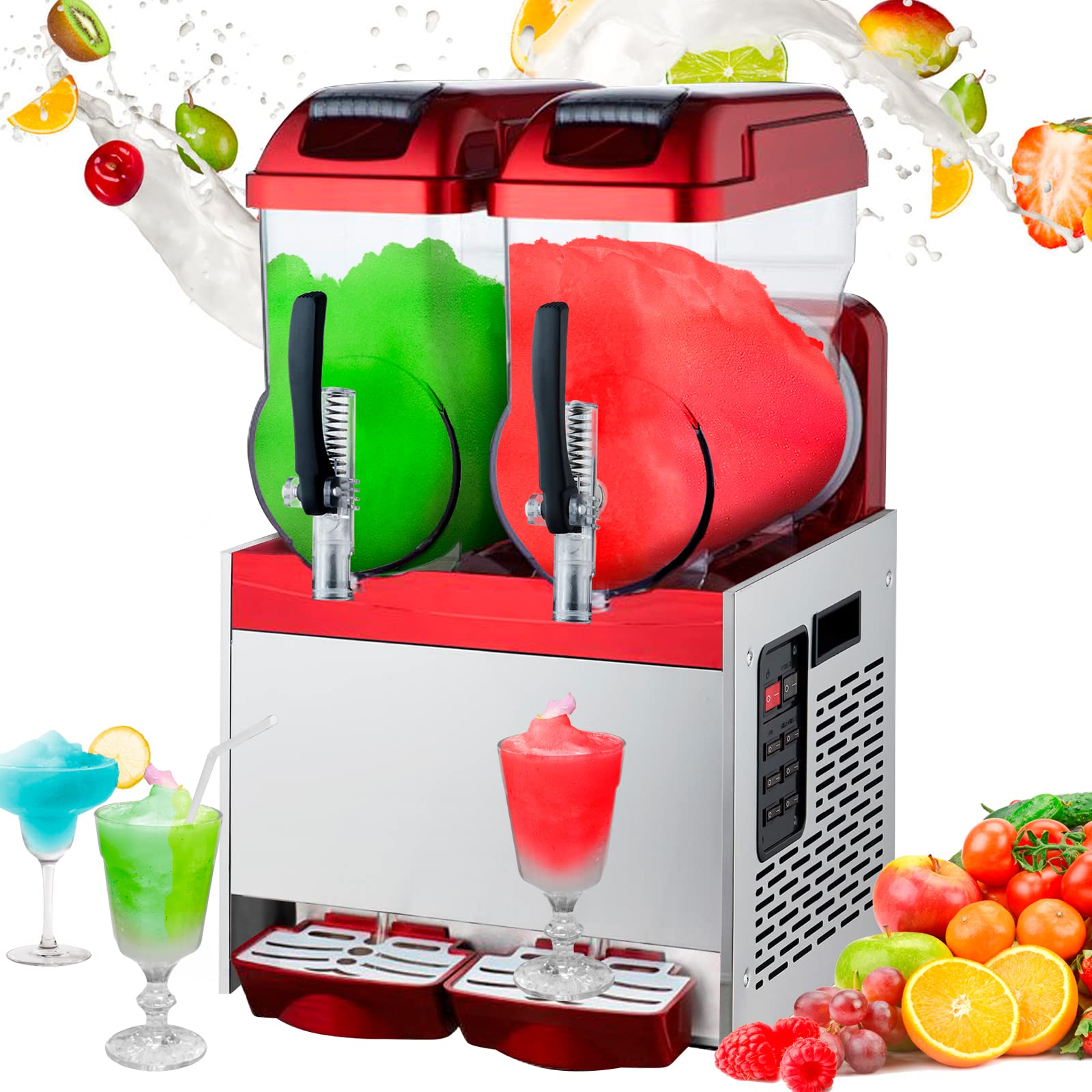 CACORI 600W Commercial Slushy Machine - 2X12L Double Bowl Frozen Drink Maker for Margaritas, Slushies & Cocktails - 6.4 Gallon Capacity (100 Cups) - Perfect for Home, Supermarkets, Cafes, Restaurants & Bars (Red) | Great for Parties, Events & Summer Refreshments