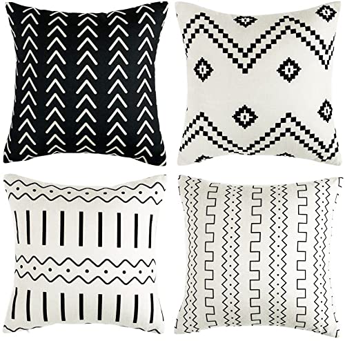 WLNUI Set of 4 Modern Boho Geometric Throw Pillow Covers 18x18 Inch - Black Mudcloth Linen Neutral Decorative Cushion Covers for Sofa, Couch & Chair - Perfect for Living Room, Bedroom & Home Decor