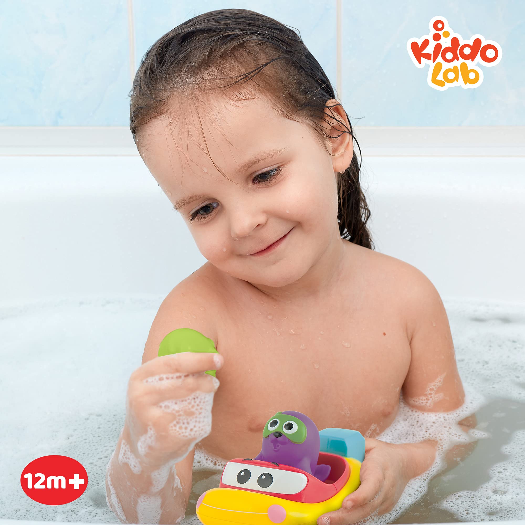 KiddoLab Pull 'N Go Boat Seat - Baby Bath Toys for Toddlers 18+ Months - Bathtub & Pool Floating Toy with Squirt Animals - BPA-Free, Durable Plastic Bath Toy for Boys & Girls - Perfect for Water Play, Sensory Development & Early Learning