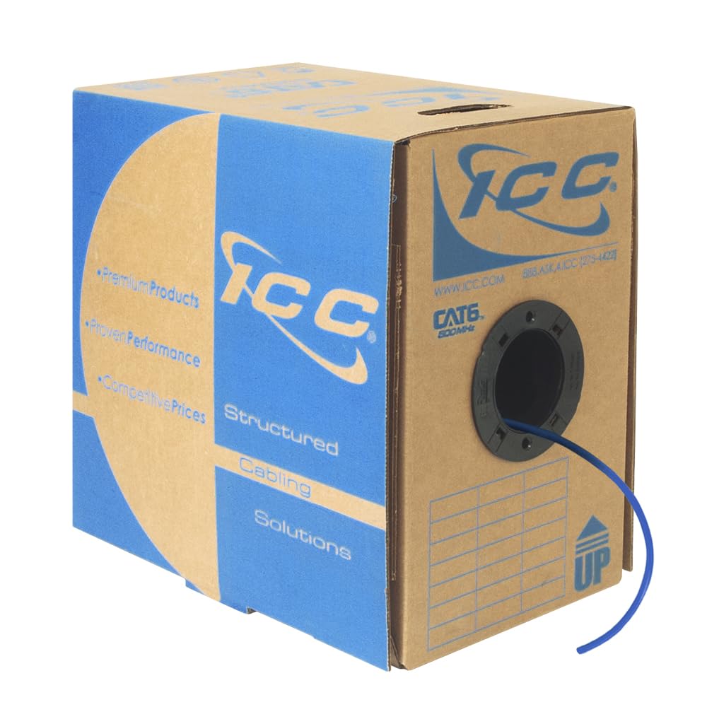 ICC Cat6 CMP Plenum 1000ft UTP 23AWG Solid Pure Copper Ethernet Cable - UL Certified, PoE++ Ready, 500MHz, Tangle-Free Reelex Pull Box | NEC Compliant, Made in USA (Blue) | Ideal for Office Networks, Data Centers & High-Speed Internet Installations