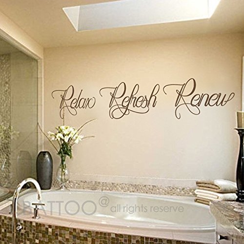 BATTOO Bathroom Wall Art Decal - Relax Refresh Renew Spa Decor - Self-Adhesive Vinyl Sticker for Bathroom, Shower, Spa - Dark Brown 22