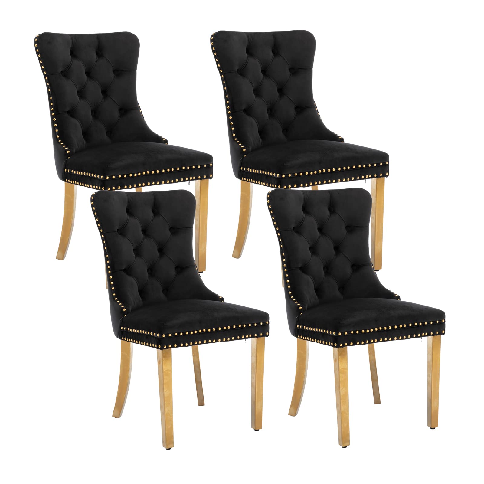 Black Velvet Dining Chairs Set of 4 - Modern Upholstered Kitchen & Dining Room Chairs with Gold Stainless Steel Legs & Ring Pull Trim - Elegant Seating for Home, Restaurant, and Office Use
