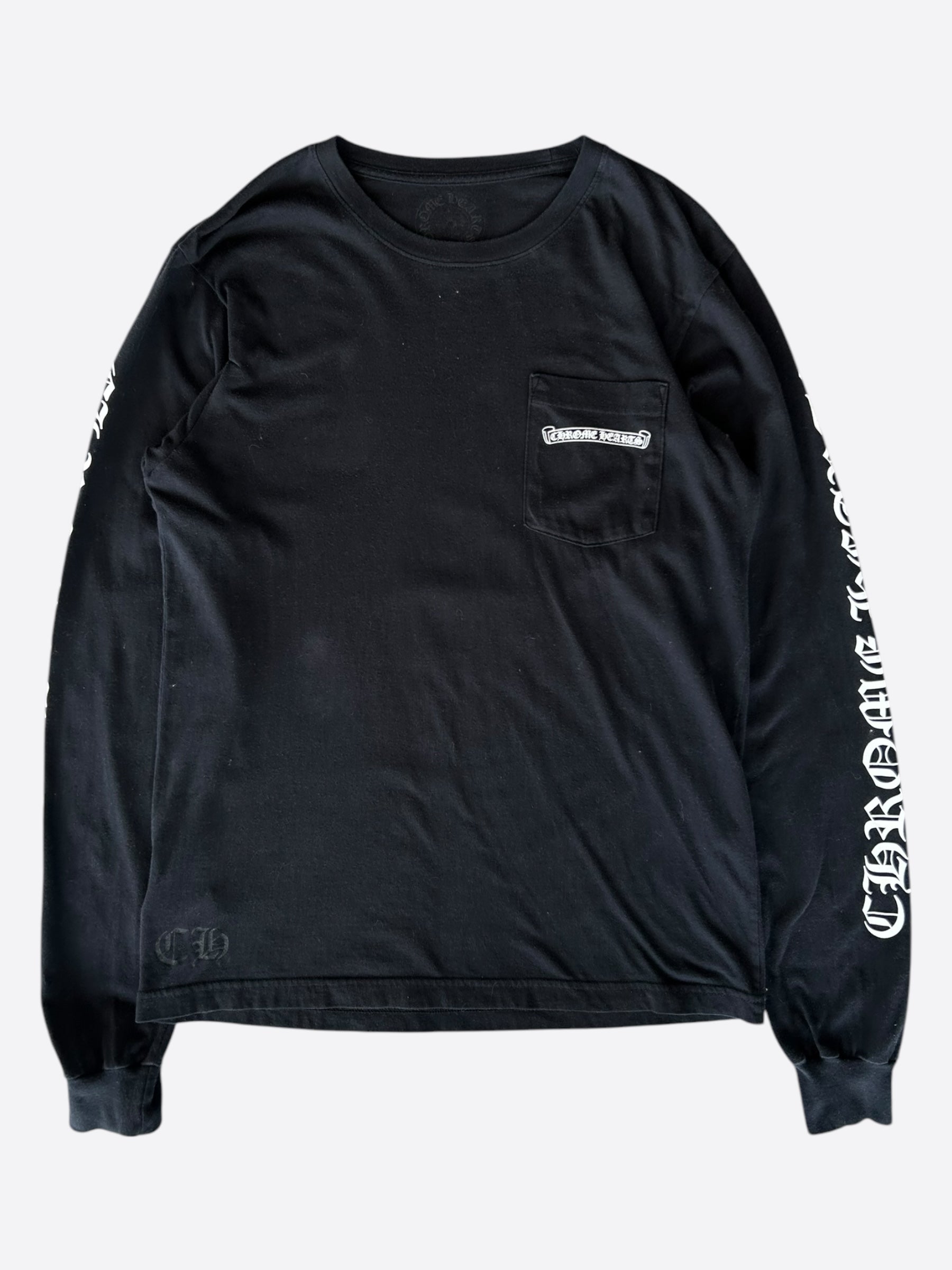 Chrome Hearts Black & White Scroll Logo Long Sleeve T-Shirt for Men | Gothic Streetwear Fashion | Perfect for Concerts, Parties & Casual Outfits