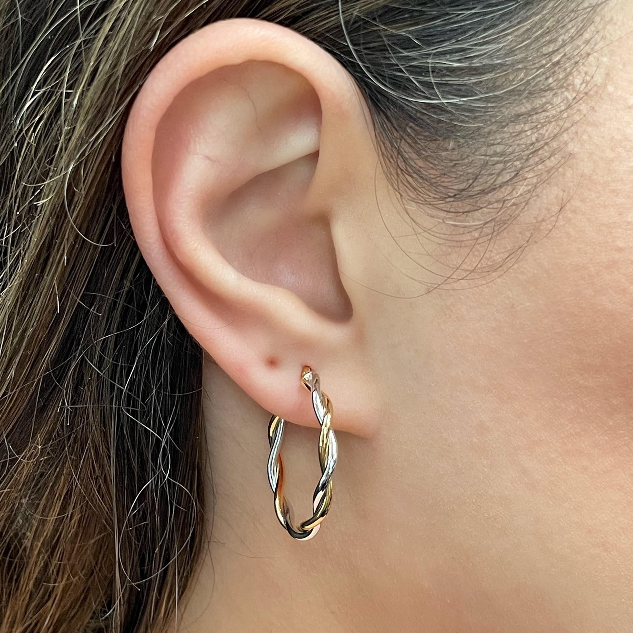 14K Italian Yellow & White Gold Twisted Hollow Hoop Earrings for Women - Medium Size Polished Elegance - Perfect for Weddings, Parties & Everyday Wear