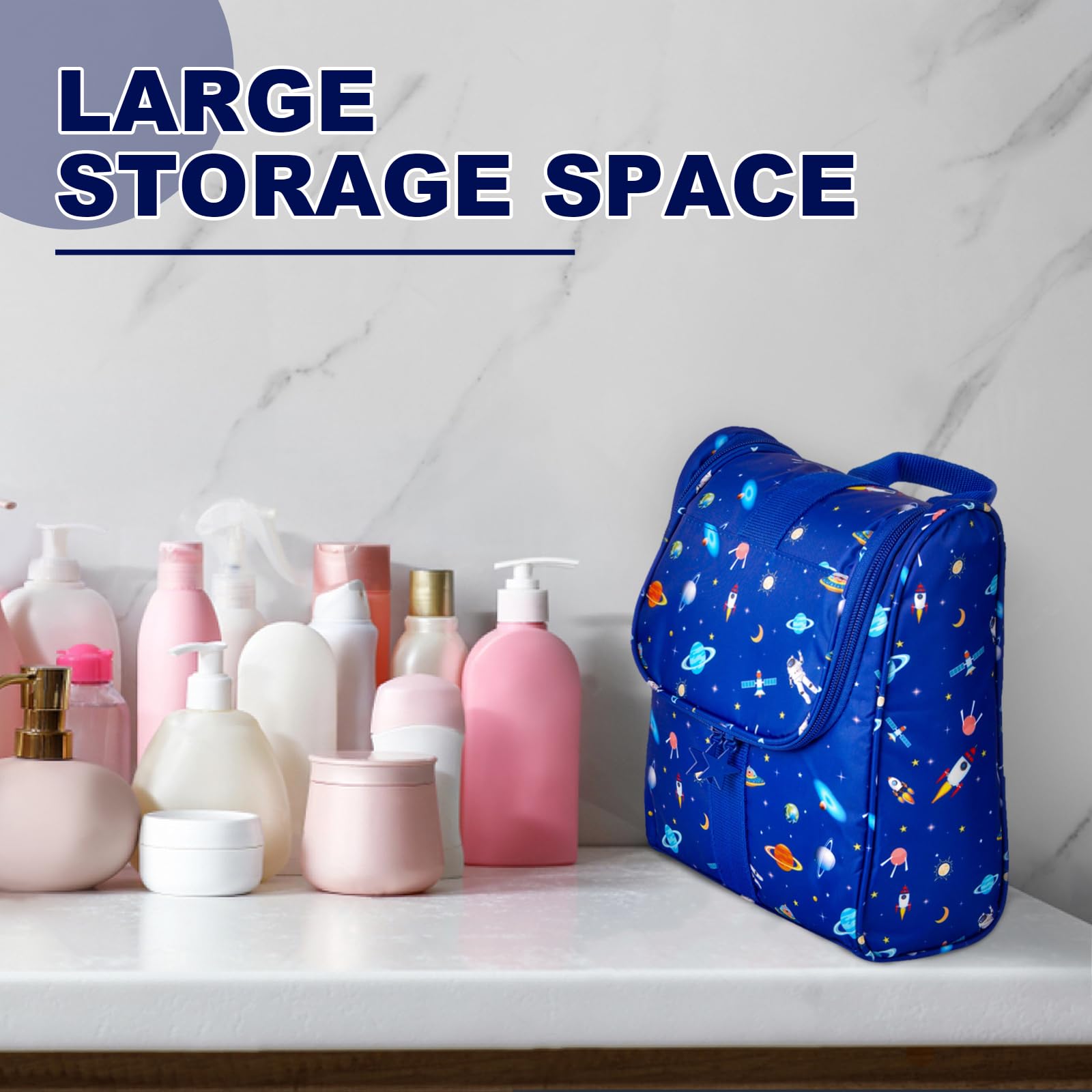 Kids Travel Toiletry Bag - Cute Cartoon Astronaut Design, Waterproof Cosmetic Organizer for Boys & Girls, Perfect for Camping, Overnight Trips & Shower Essentials