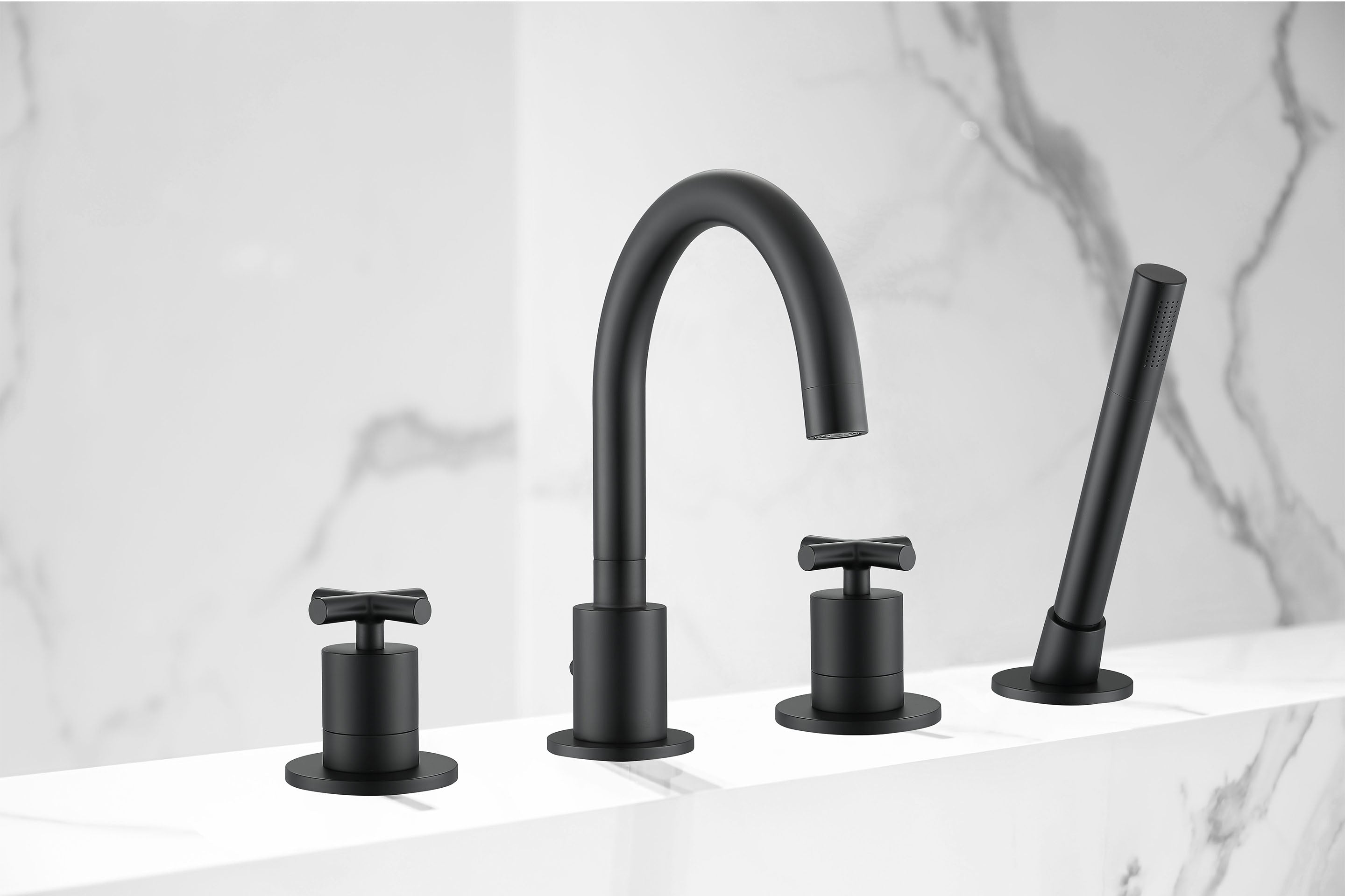 Premium Matte Black Ava Two-Handle Roman Tub Faucet - Durable Brass Construction, Water-Efficient Design for Bathroom & Spa Relaxation