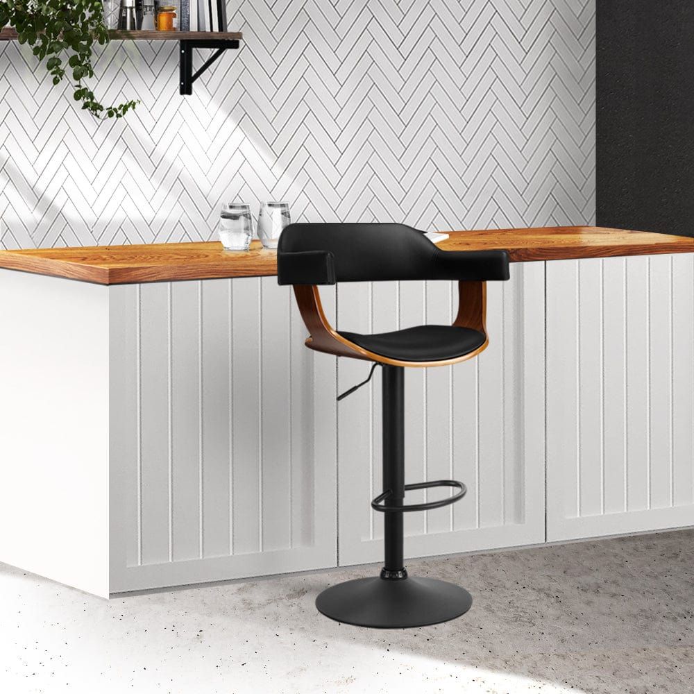 Artiss Adjustable Height Bar Stools with Gas Lift Mechanism, PU Leather Upholstery and Armrests - All Black - Perfect for Kitchen Islands, Bars, and Home Decor