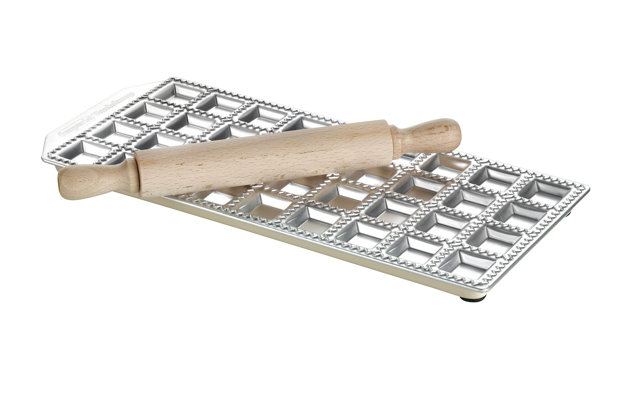 Matfer Bourgeat Stainless Steel Ravioli Maker with Wooden Rolling Pin - Perfect for Homemade Pasta, Dumplings & Italian Cuisine