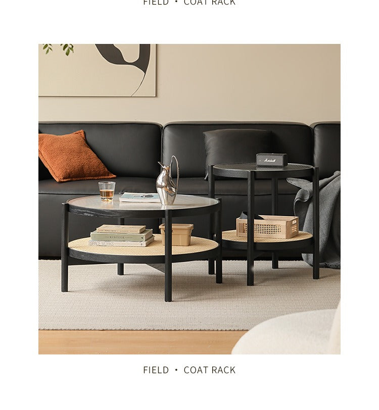 Solid Oak Wood Rattan Black Glass Round Coffee Table - Modern Living Room Centerpiece for Home Decor