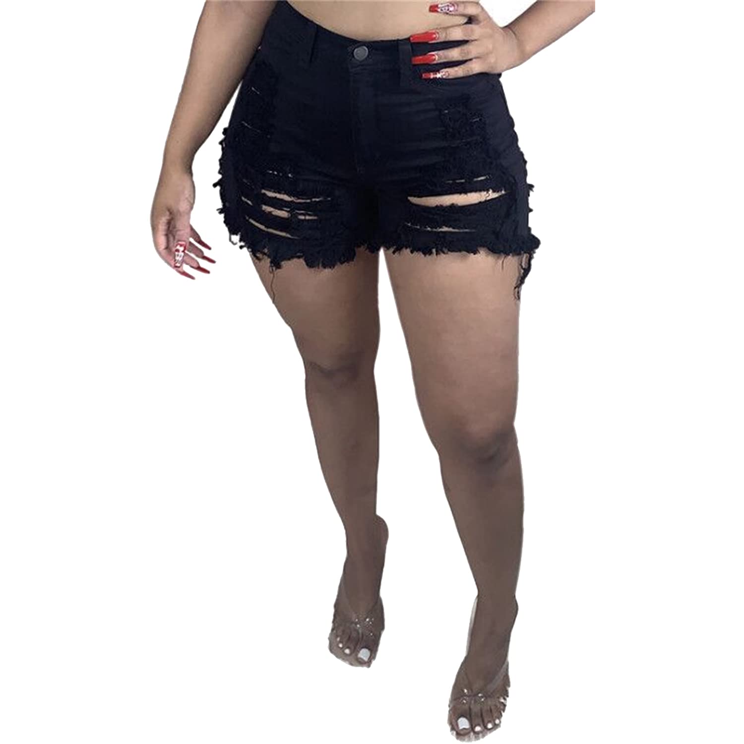 **Women's High Rise Ripped Denim Shorts - Distressed Stretchy Jean Shorts for Workout, Running & Cycling | Casual & Active Wear**