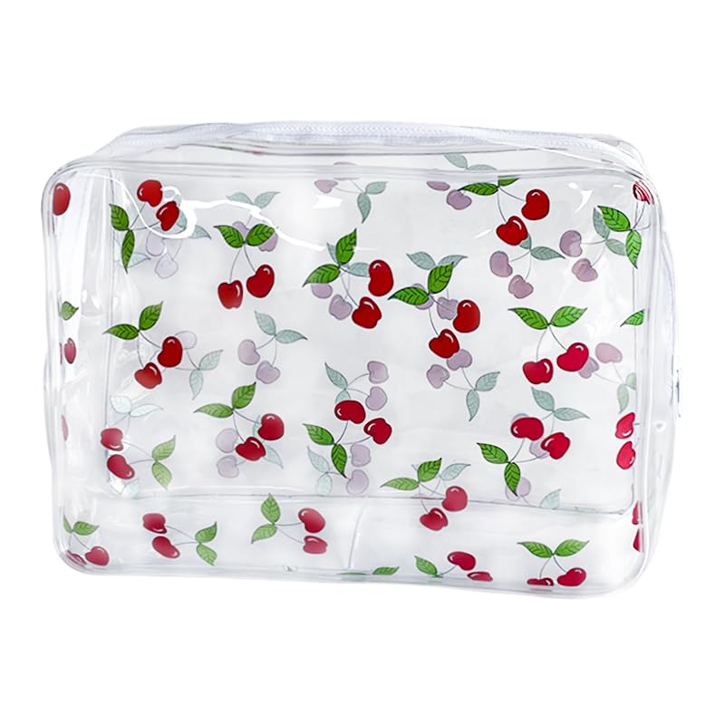 2PCS Red Cherry Print Transparent PVC Cosmetic Bags - Waterproof Travel Makeup Organizer for Women & Girls | Perfect for Toiletries, Travel Essentials & Daily Storage