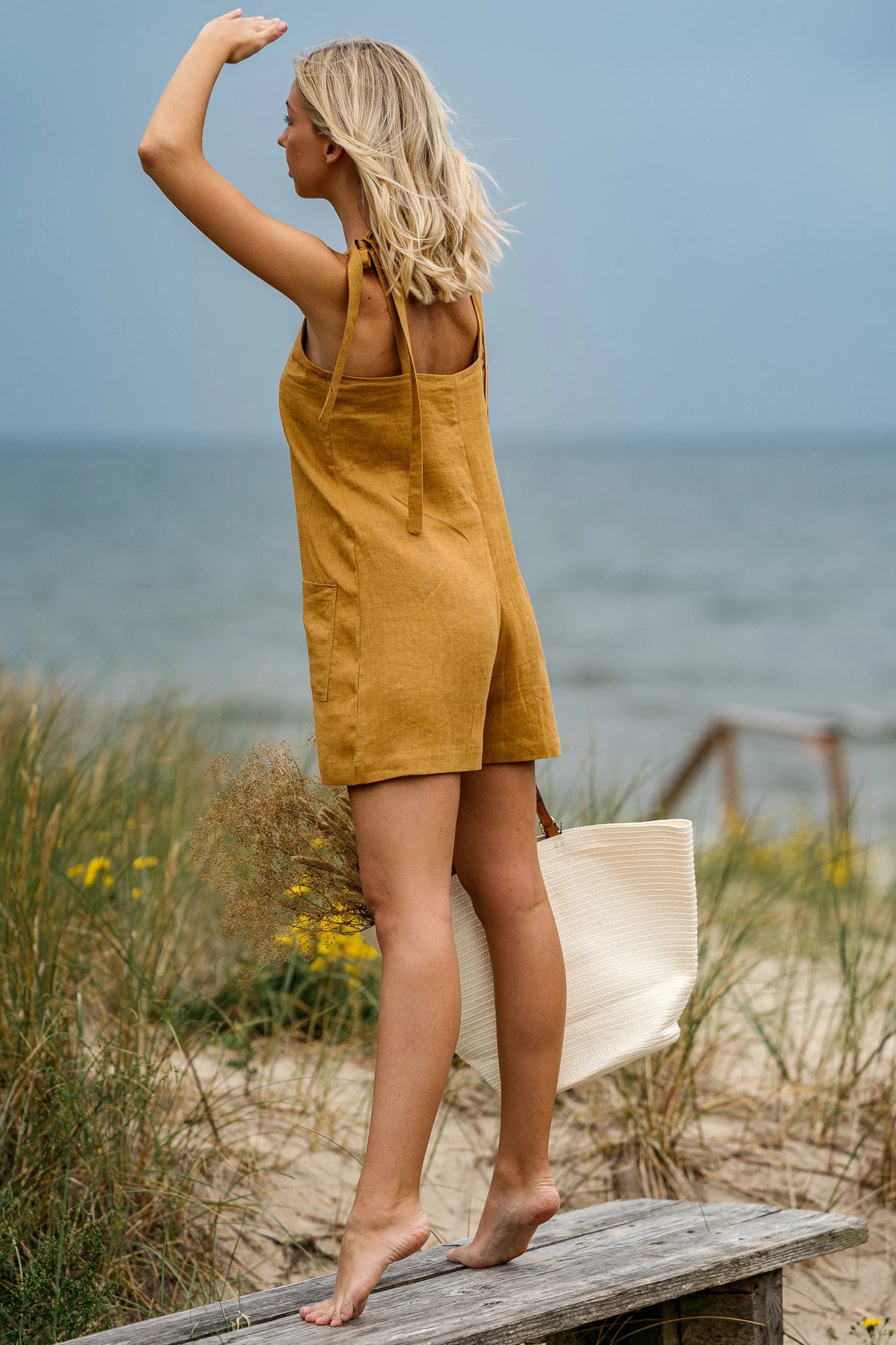Linen Playsuit PANAMA in Amber Yellow - Women's Summer Romper Jumpsuit for Beach, Vacation & Casual Wear