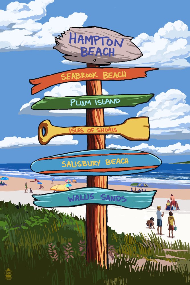 Hampton Beach New Hampshire Destination Signpost 54106 - 24x36 Signed Art Print, Wall Decor Poster for Home, Office & Coastal Themed Rooms