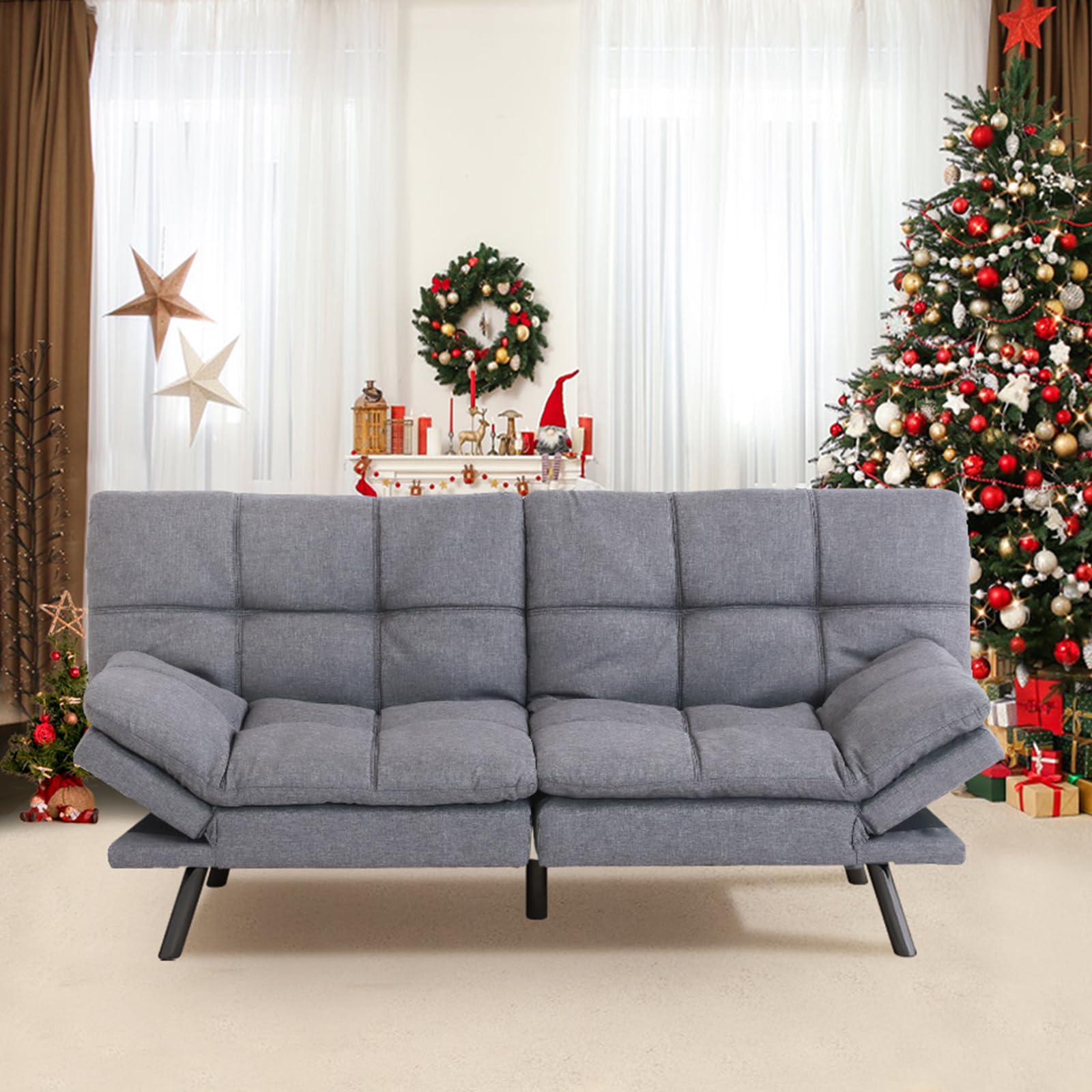 Hcore Convertible Futon Sofa Bed - Gray Fabric Memory Foam Loveseat, Small Euro Lounger Sofa for Compact Living Spaces, Apartment, Dorm, Studio, Guest Room, Home Office - Perfect for Small Spaces, Extra Sleeping Space & Modern Home Decor