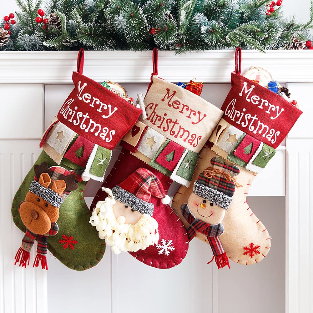 Large Christmas Stockings Set - Santa, Snowman & Deer Holiday Decor for Fireplace, Party & Home | Festive Xmas Decorations & Ornaments