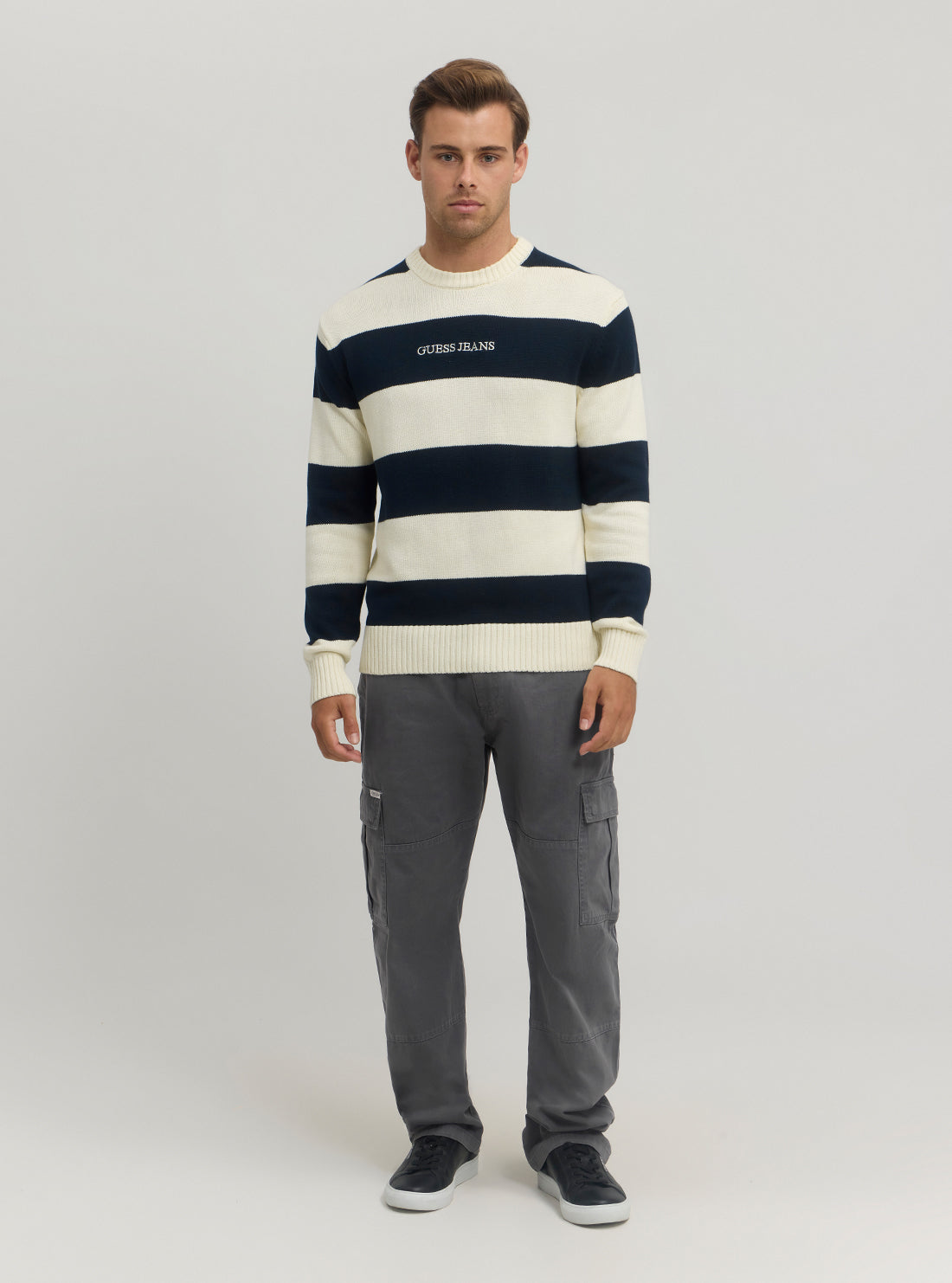 Guess Women's Navy Striped Knit Sweater Jumper - Casual Pullover for Fall & Winter | Perfect for Office, Date Night and Weekend Outfits
