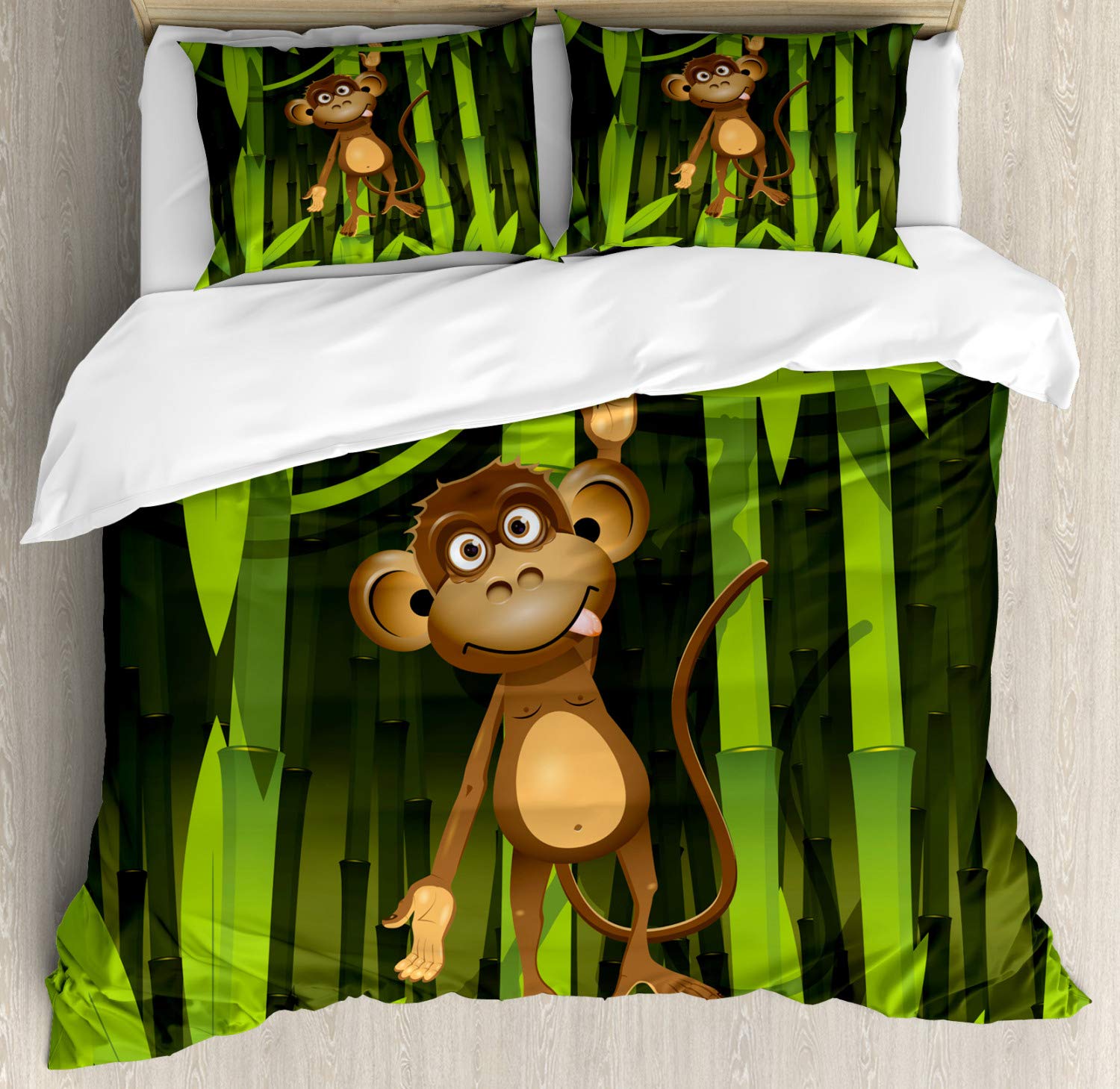 Ambesonne Jungle Duvet Cover Set - Wildlife Theme Monkey Woodland Print 3-Piece Bedding Set with 2 Pillow Shams, Queen Size, Brown & Fern Green - Perfect for Nature-Themed Bedrooms, Kids Rooms & Jungle Decor