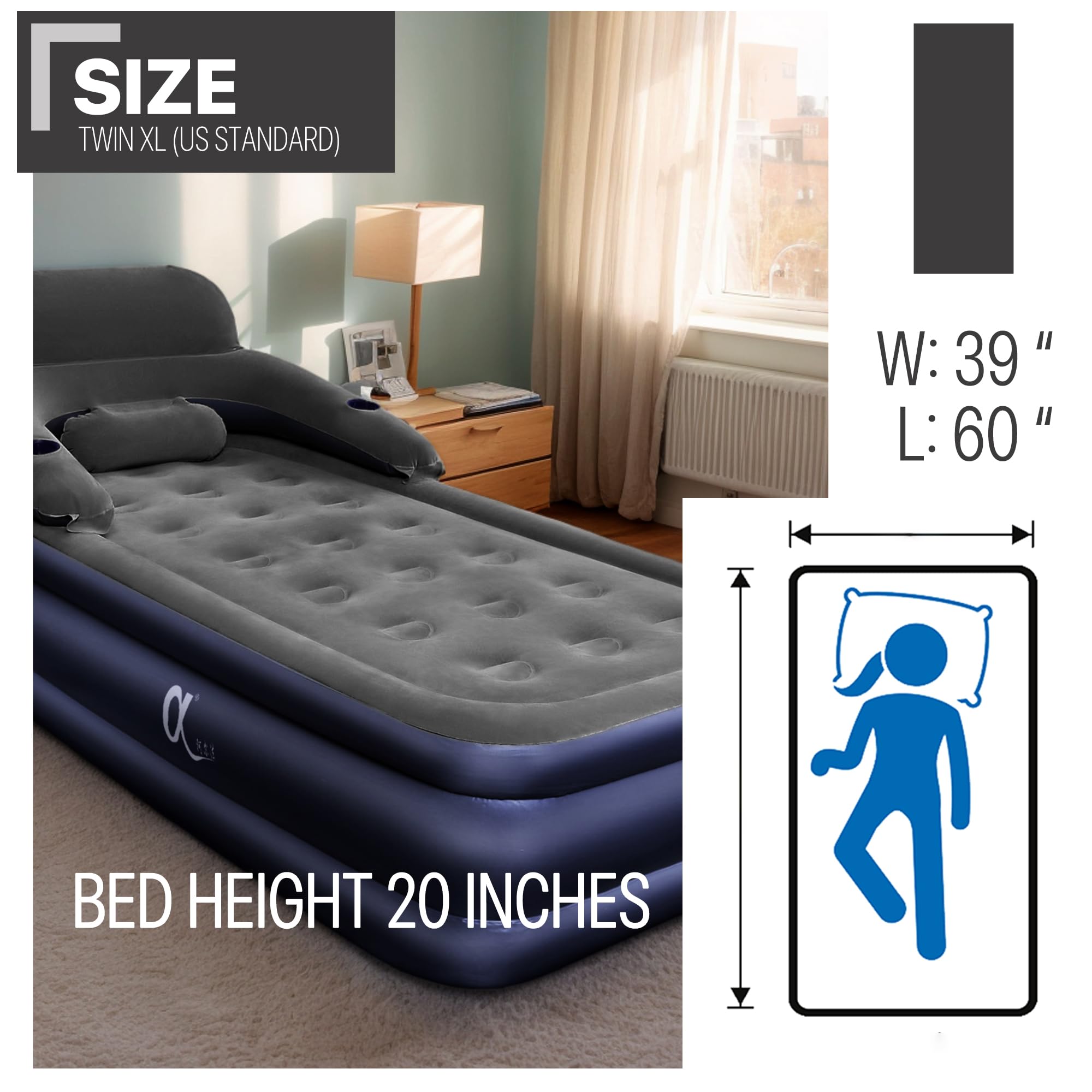 A-ER-FA Twin XL Air Mattress with Headboard - 3 Minute Quick Inflation, 20 Inch Height, Flocked Top - Perfect for Home, Guest Room, Travel & Camping - Comfortable Portable Bed for Indoor and Outdoor Use