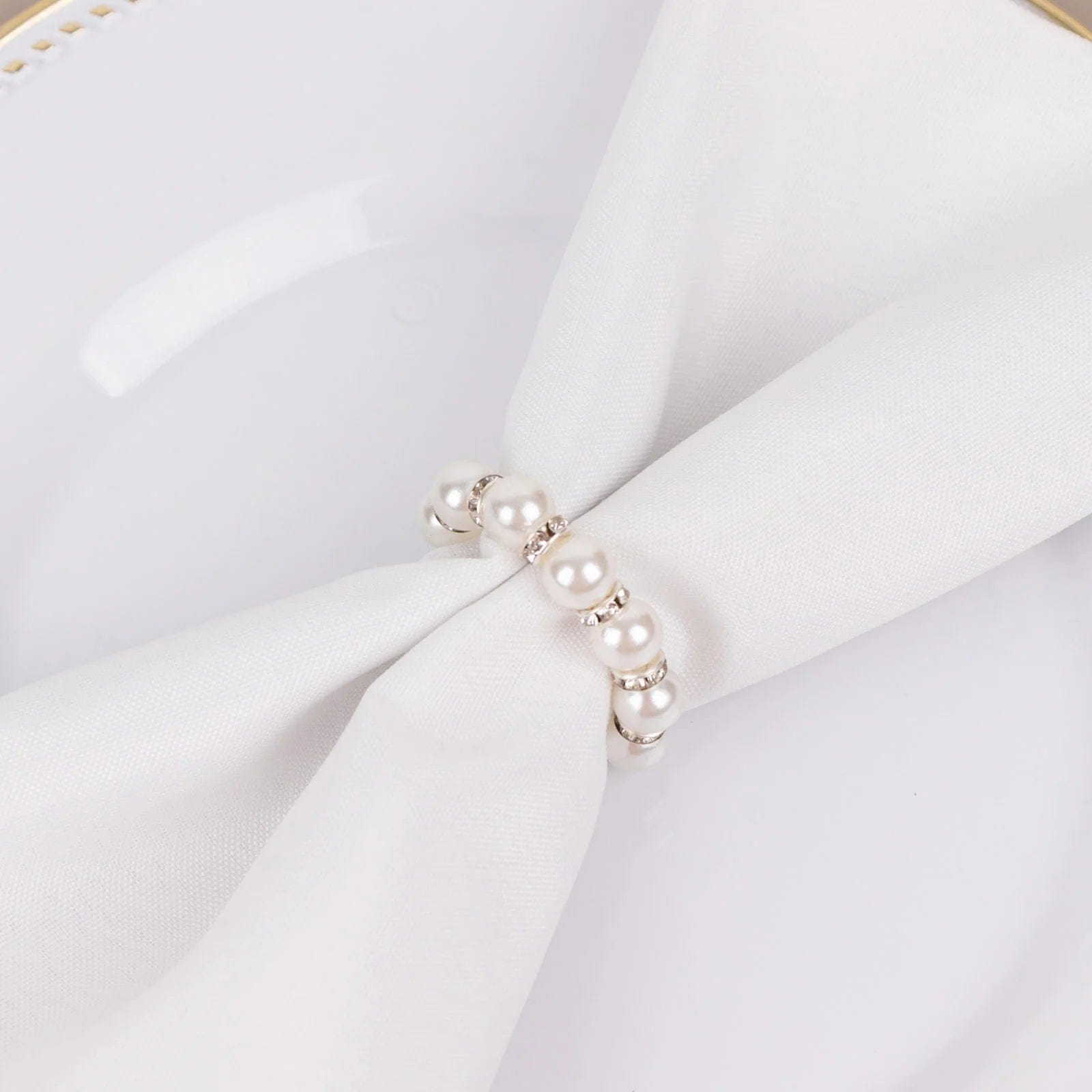 4 Pack Faux Pearl & Rhinestone Napkin Rings - Elegant White & Silver Wedding Table Decor for Bridal Shower, Dinner Party, and Holiday Celebrations