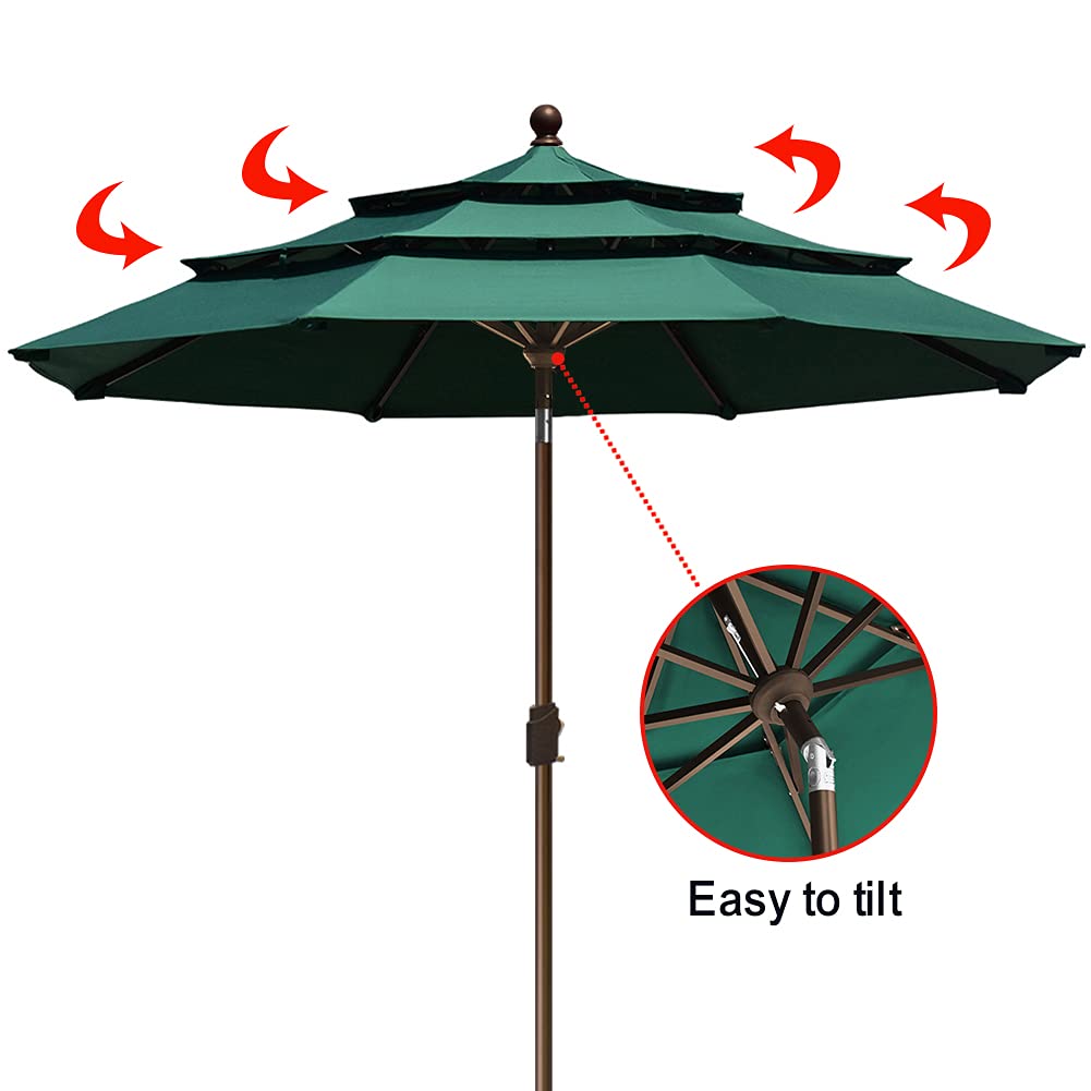 EliteShade USA 10-Year Fade-Resistant 9Ft 3-Tier Patio Umbrella with Ventilation - Outdoor Market Umbrella for Table, Garden, Deck, and Poolside - Durable Forest Green Sun Shade for Restaurants, Cafes, and Backyards