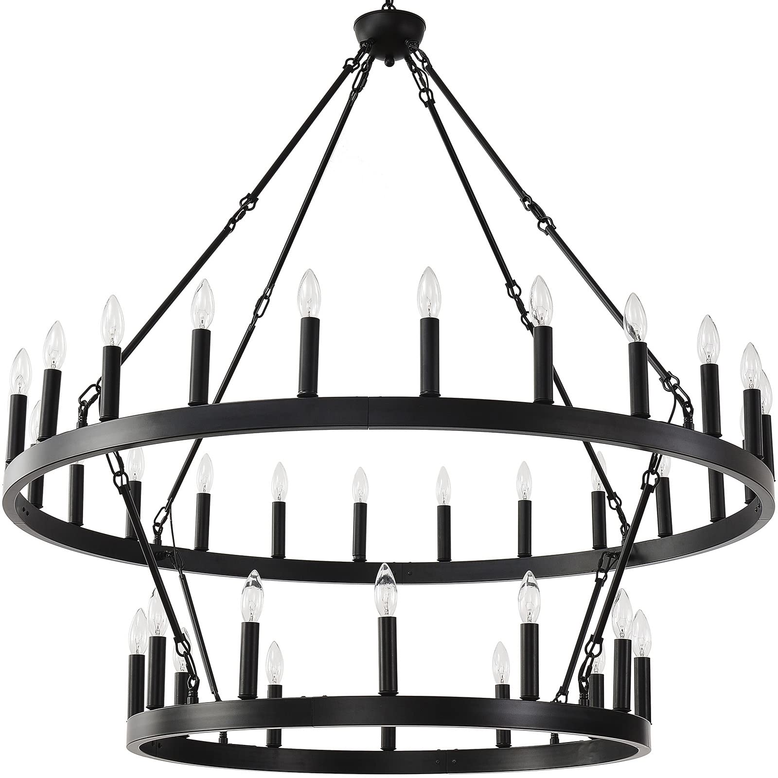 48 Inch Large Black Wagon Wheel Chandelier - 2 Tier 36-Lights Farmhouse Industrial Country Style Round Pendant Light Fixture for Dining Room Kitchen | Rustic Ceiling Lighting for Farmhouse, Barn, Restaurant & Cabin Decor