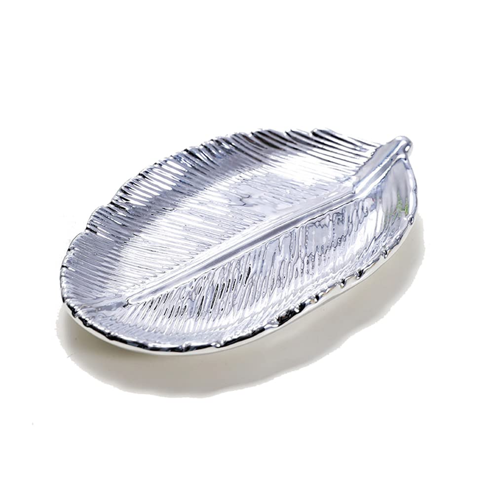 Mollensiuer Ceramic Leaf-Shaped Jewelry Display Tray - Elegant Small Objects Storage Tray for Rings, Earrings & Necklaces - Perfect for Dresser, Vanity, Christmas, Birthday & Wedding Gifts (Silver) - Home Decor & Jewelry Organization Accessory