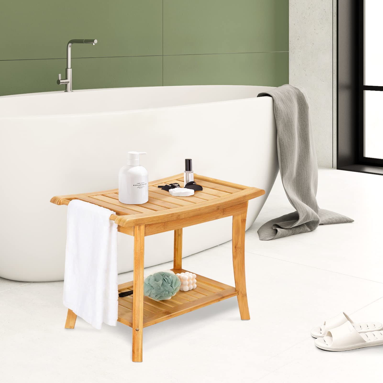Gnomiya Bamboo Shower Bench with Handles & Storage Shelf - Wooden Shower Stool Seat for Bathroom, Spa, Shaving Legs & Relaxation - Non-Slip Bath Chair for Elderly & Disabled (Perfect for Small Spaces & Wet Rooms)