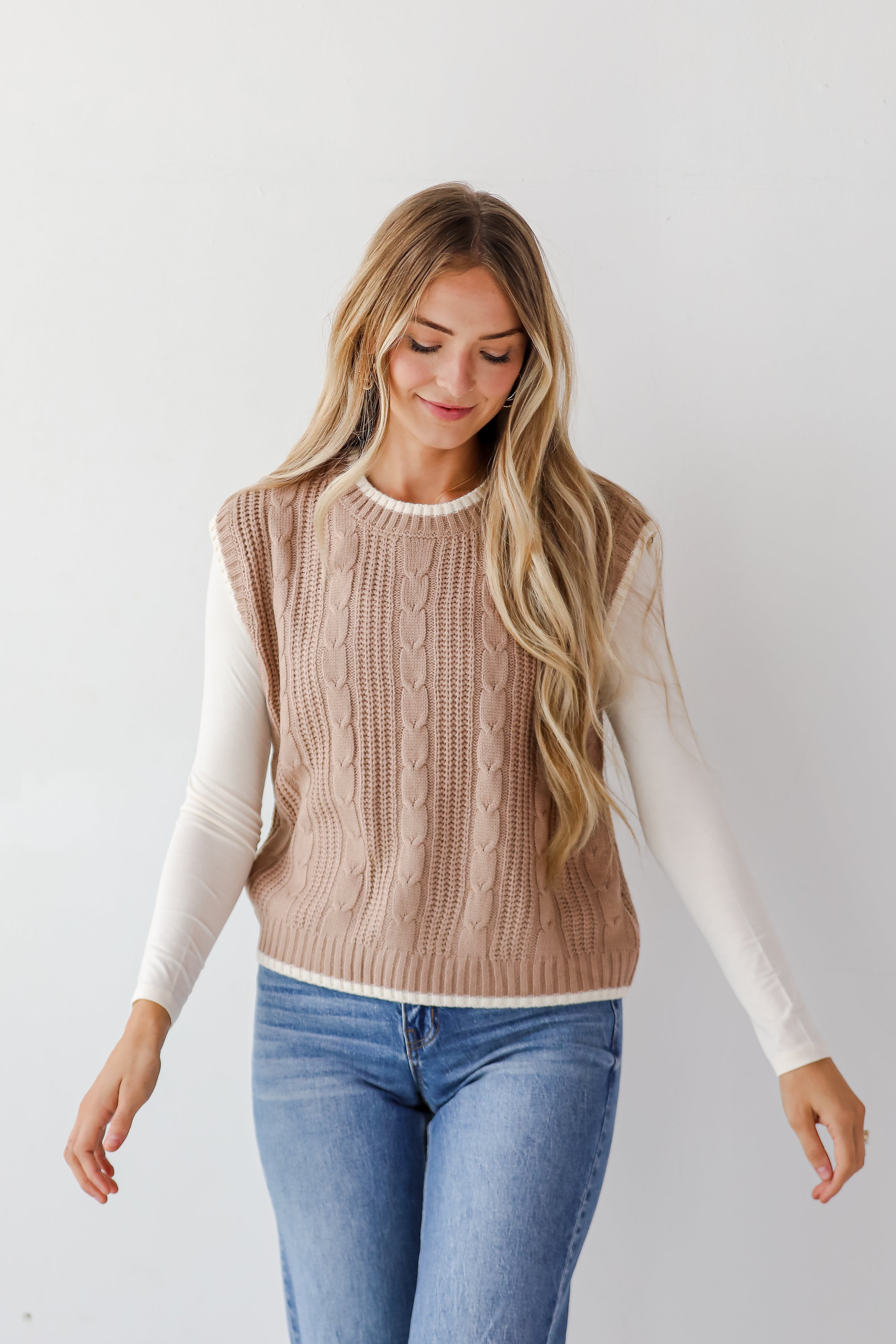 Cozy Taupe Cable Knit Sweater Vest for Women - Warm Winter Layering Piece for Office, Casual Outfits & Fall Fashion