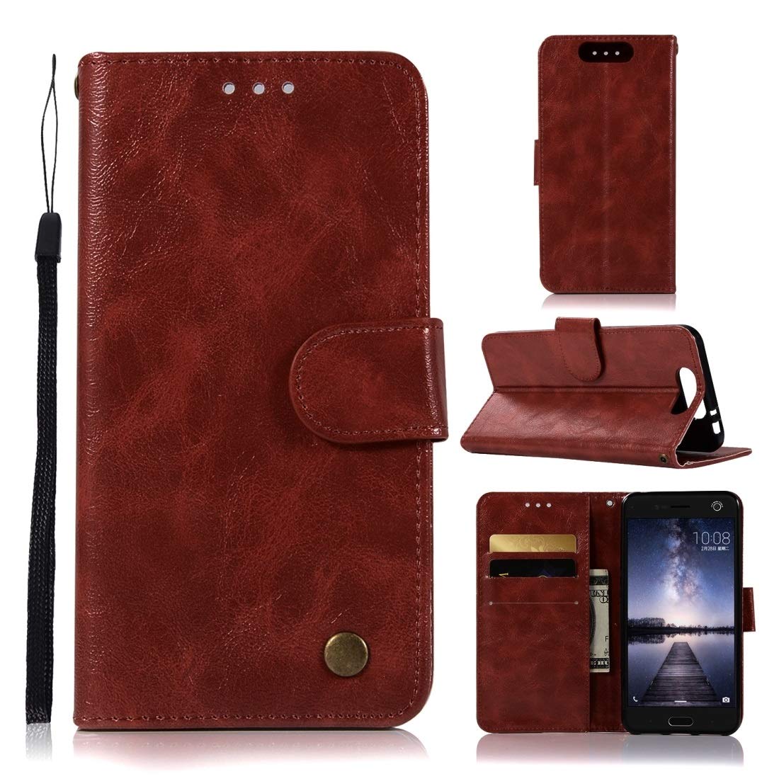 Premium ZTE Blade V8 Flip Leather Case - Vintage Copper Button Design with Card Slots, Wallet & Lanyard (Wine Red) | Perfect for Daily Use, Travel & Business Meetings