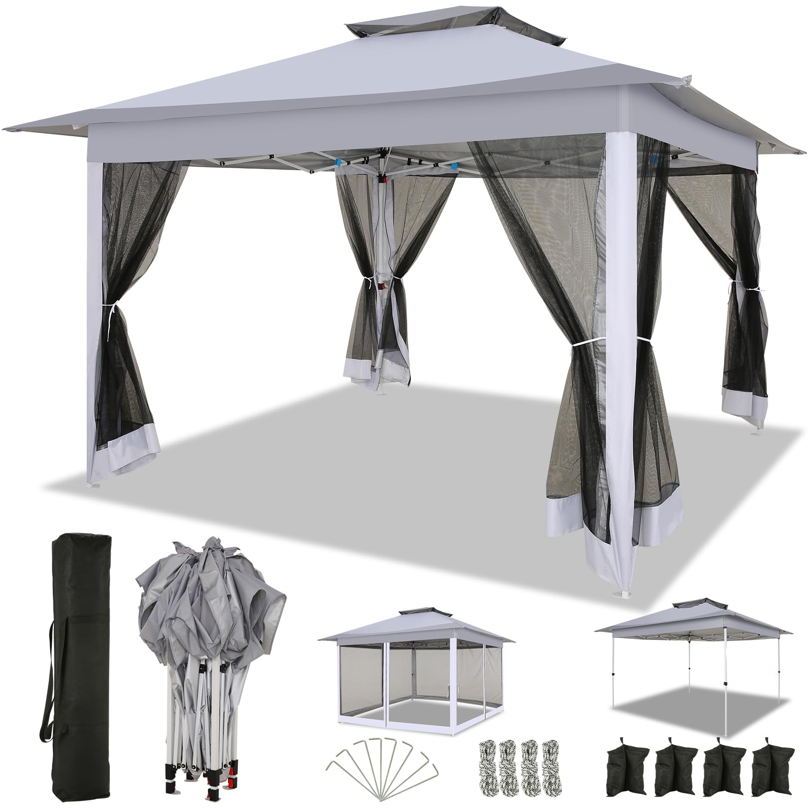 COBIZI 12x12 Pop Up Gazebo with Mosquito Net & Carrying Bag - Portable Outdoor Canopy Tent for Patio, Garden, Backyard, Lawn & Beach (Grey) | Perfect for Camping, Picnics & Outdoor Parties